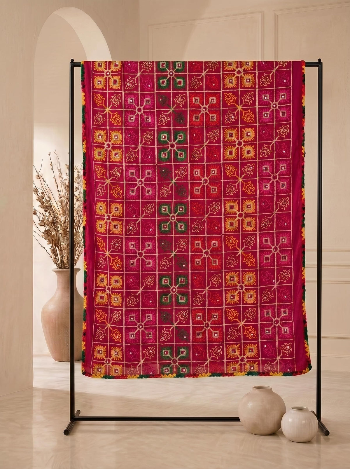 Pure Cotton Embroidered Phulkari Dupatta for Men | Pink - view 5