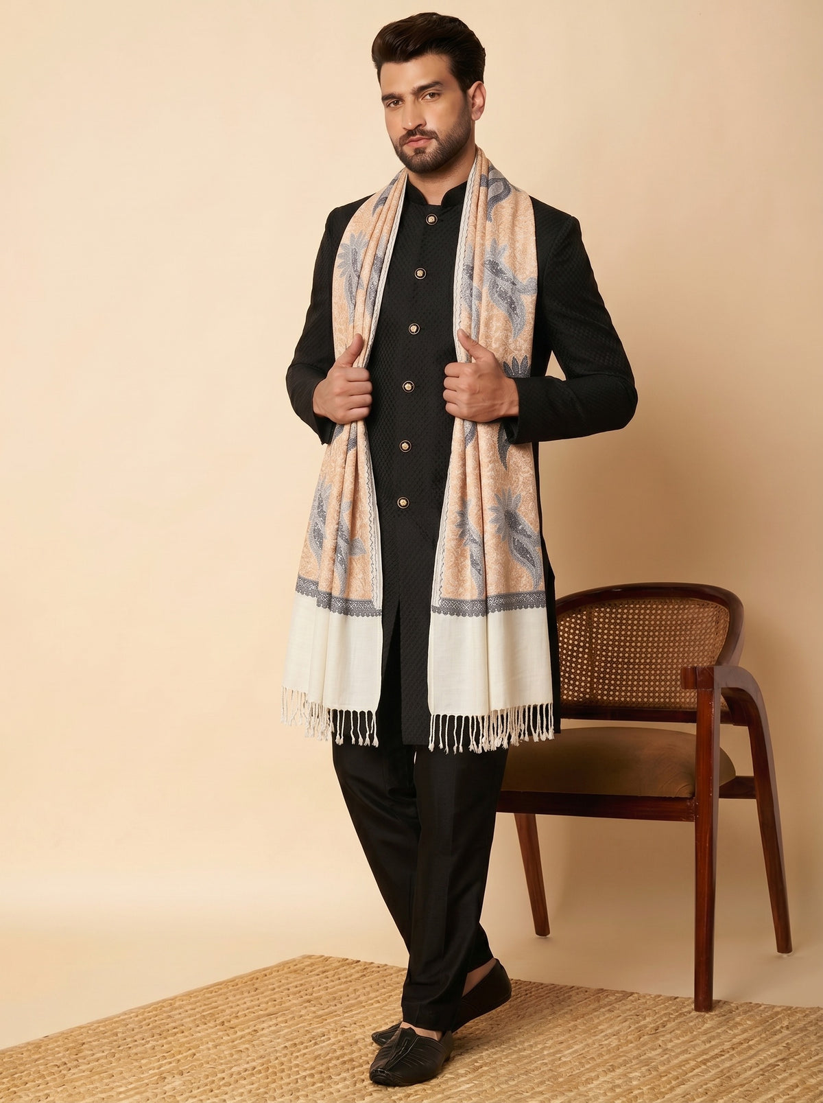 Woollen Pashmina Feel Stole in Silk Embroidery for Men | White - photo 3