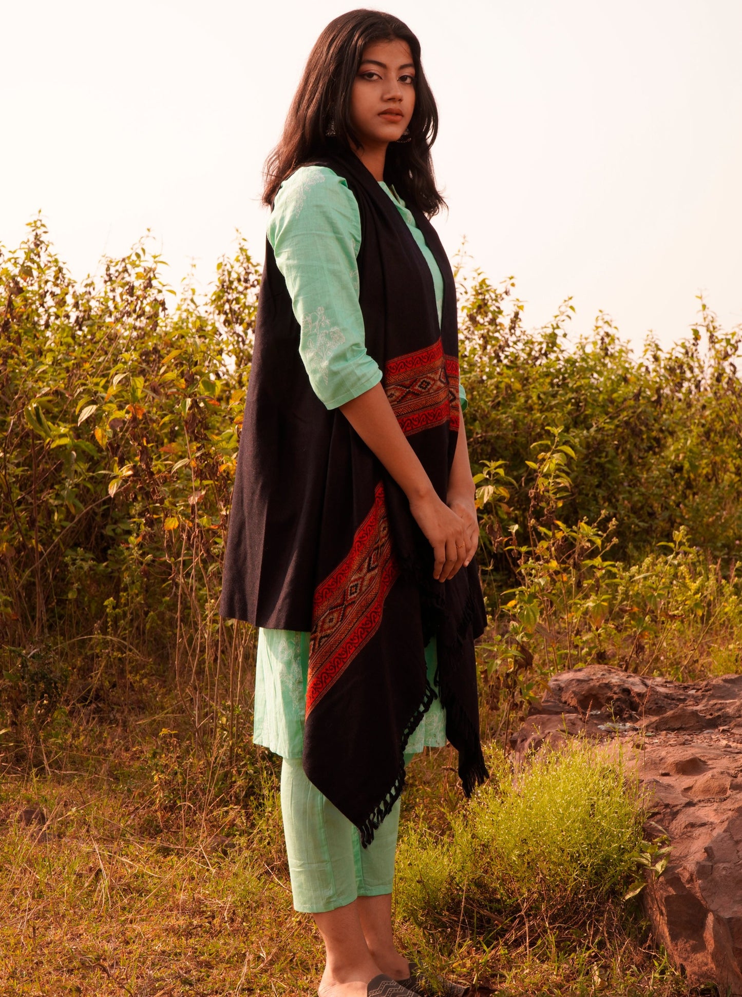 Women's Woven Cape Shrug in Himalayan Stripes | Black