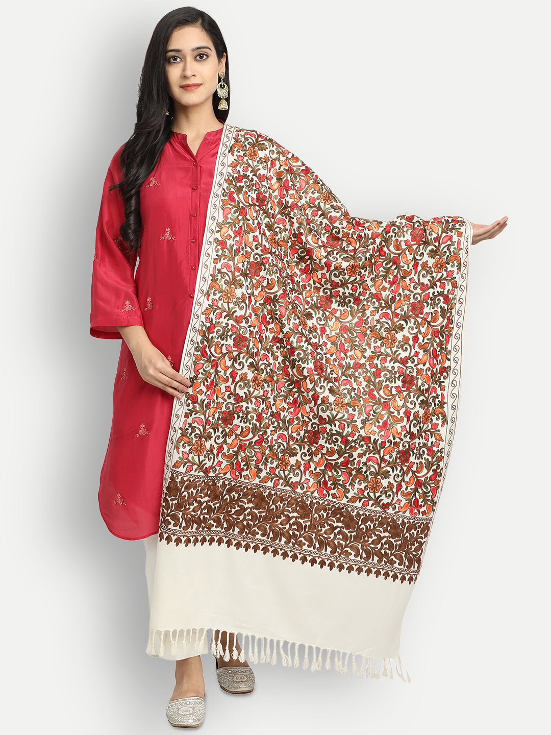 Kashmiri Aari Embroidery Woollen Stole | Off White