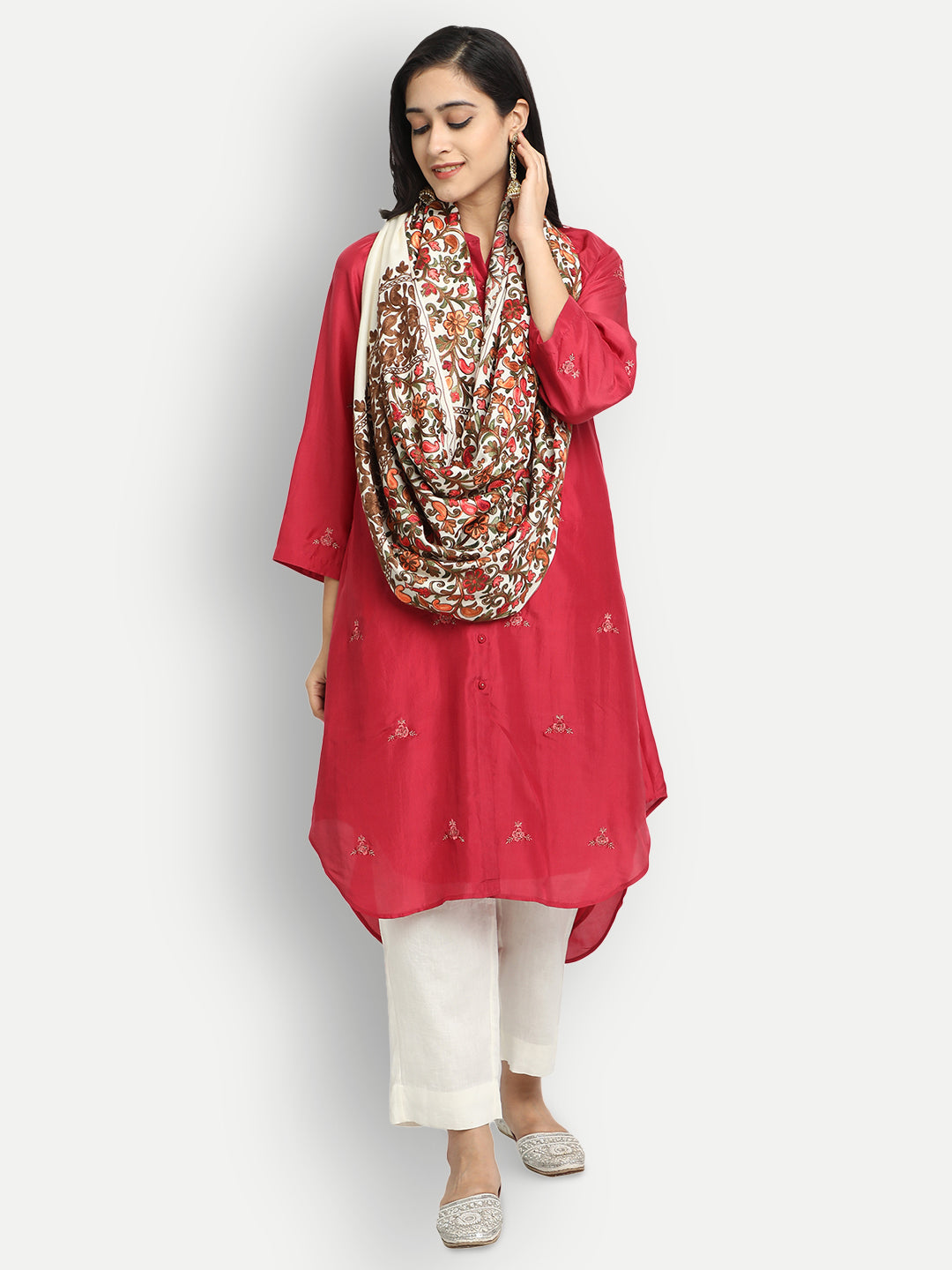 Kashmiri Aari Embroidery Woollen Stole | Off White