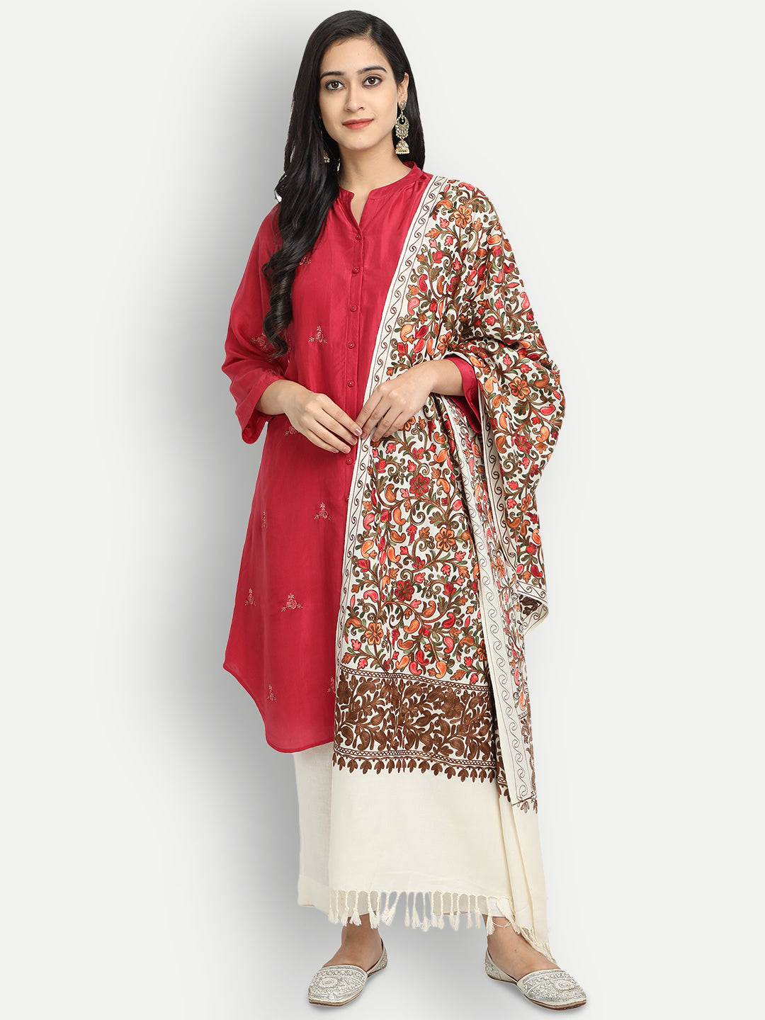 Kashmiri Aari Embroidery Woollen Stole | Off White