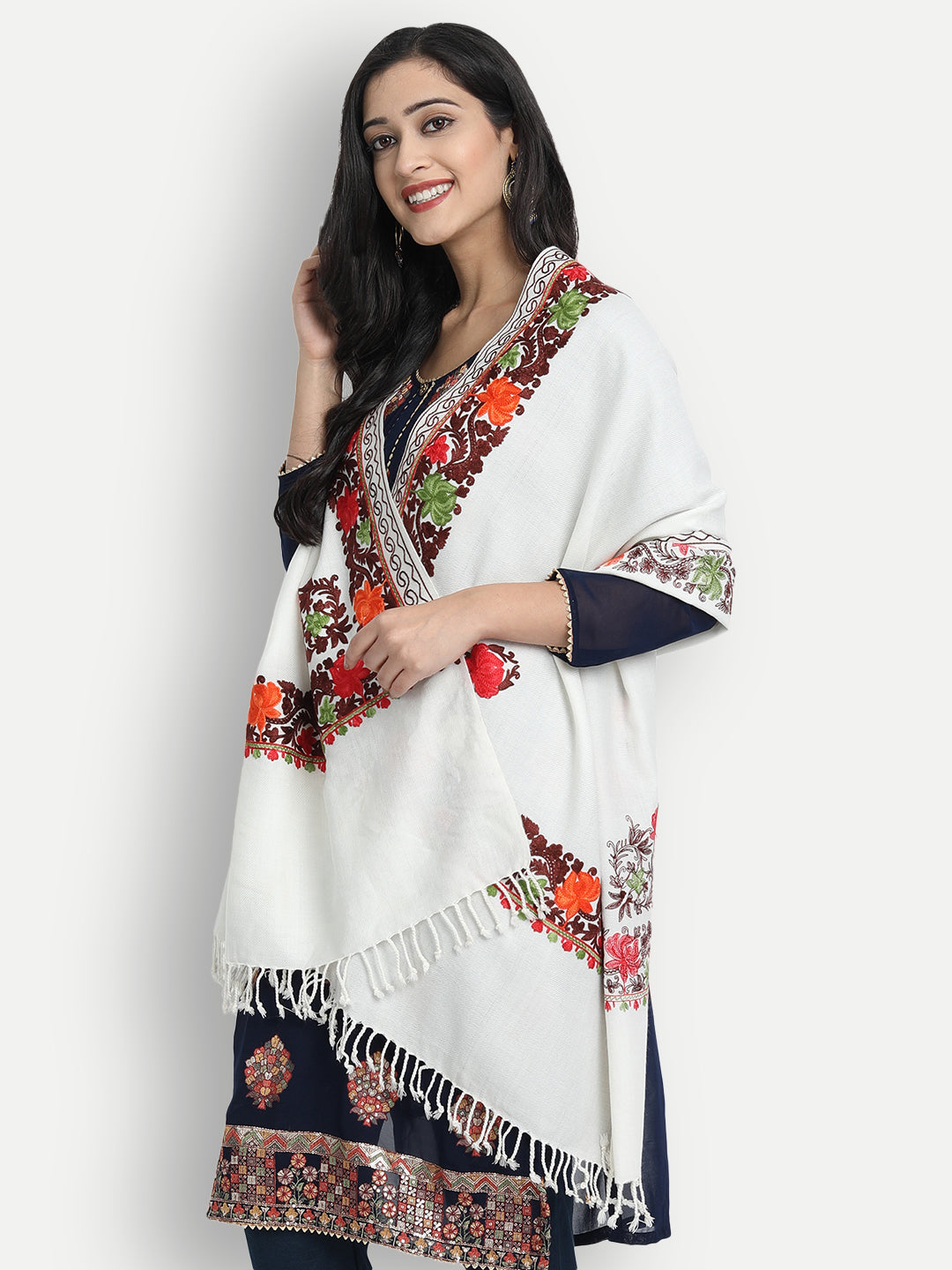 Women Aari Embroidered Stole | White