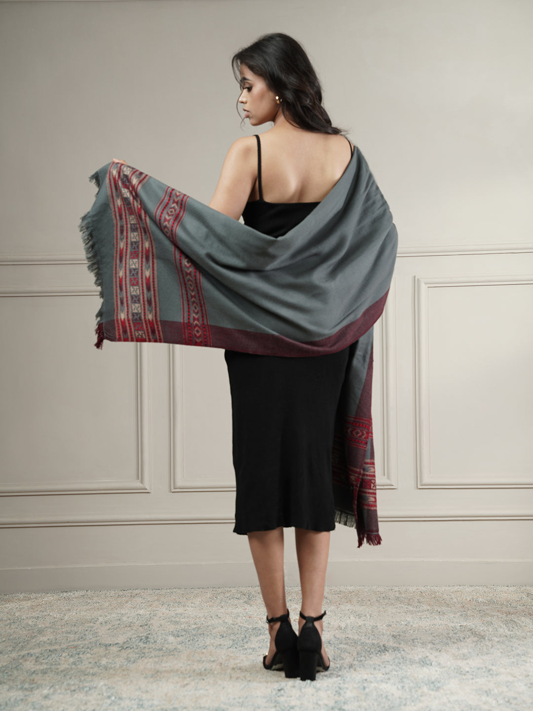 Woollen Plain Kullu Warm Shawl with Border Design | Grey