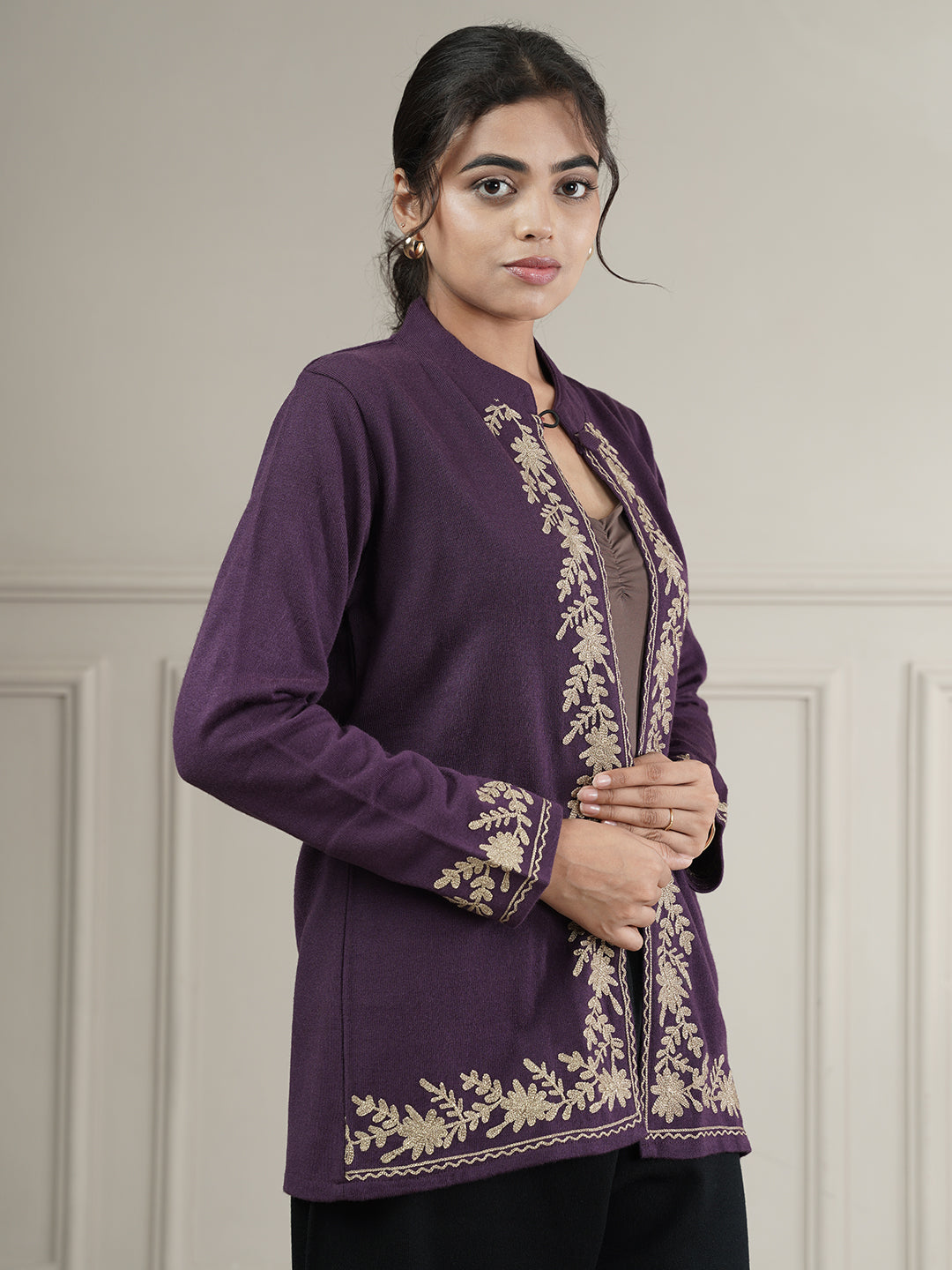 Knitted Short Shrug with Zari Embroidery | Purple