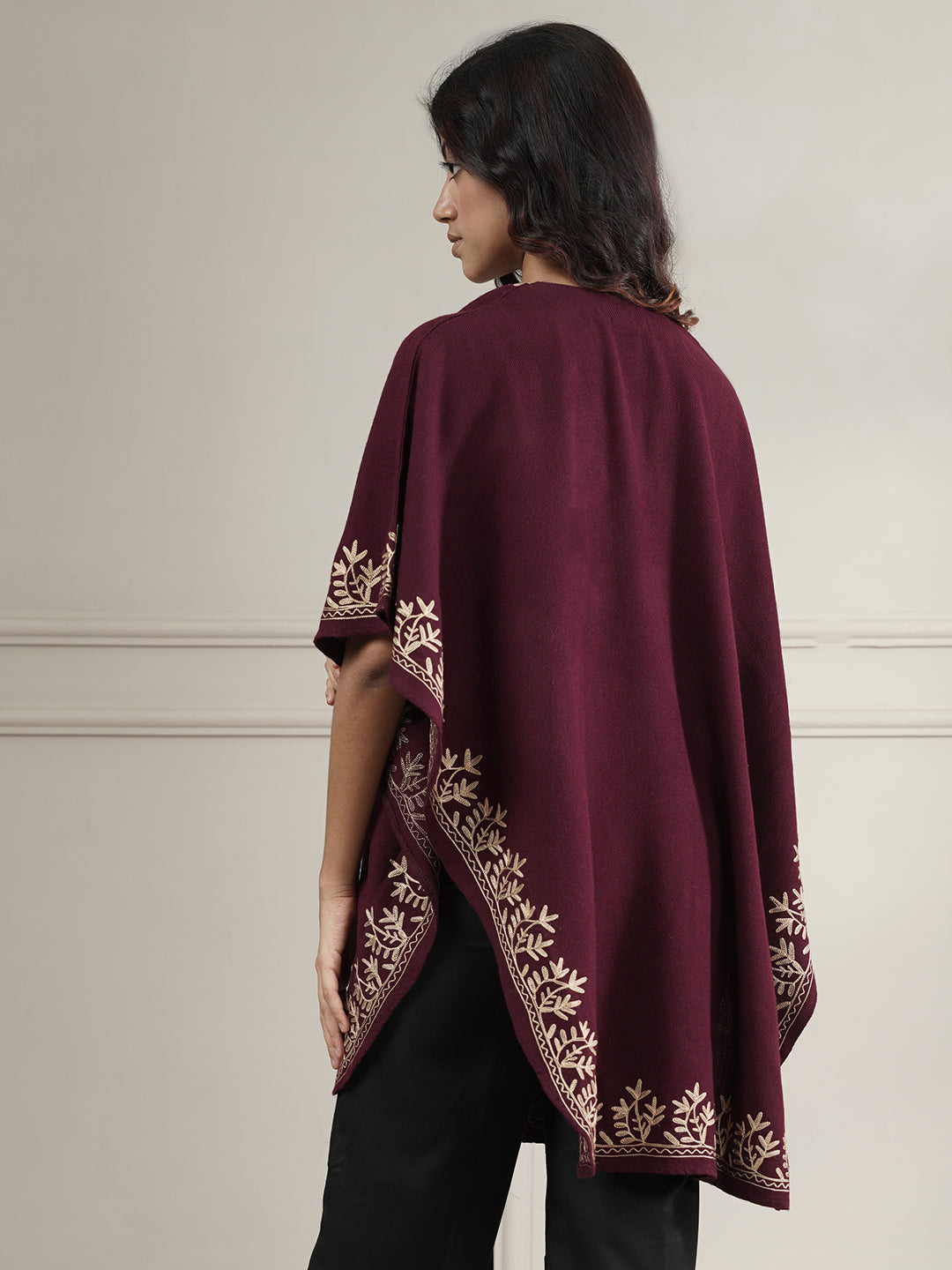 Woollen Aari Embroidered Kaftan Style Poncho for Winter | Wine - view 4