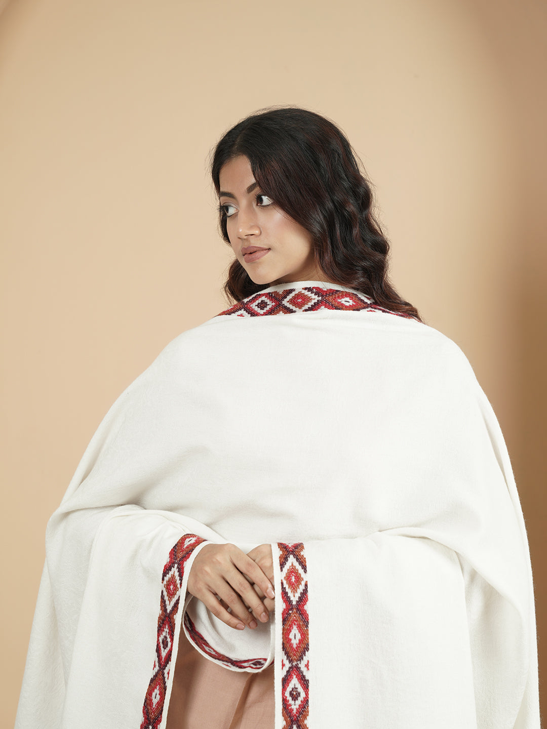 Woollen Plain Shawl with Single Woven Kullu Border | White
