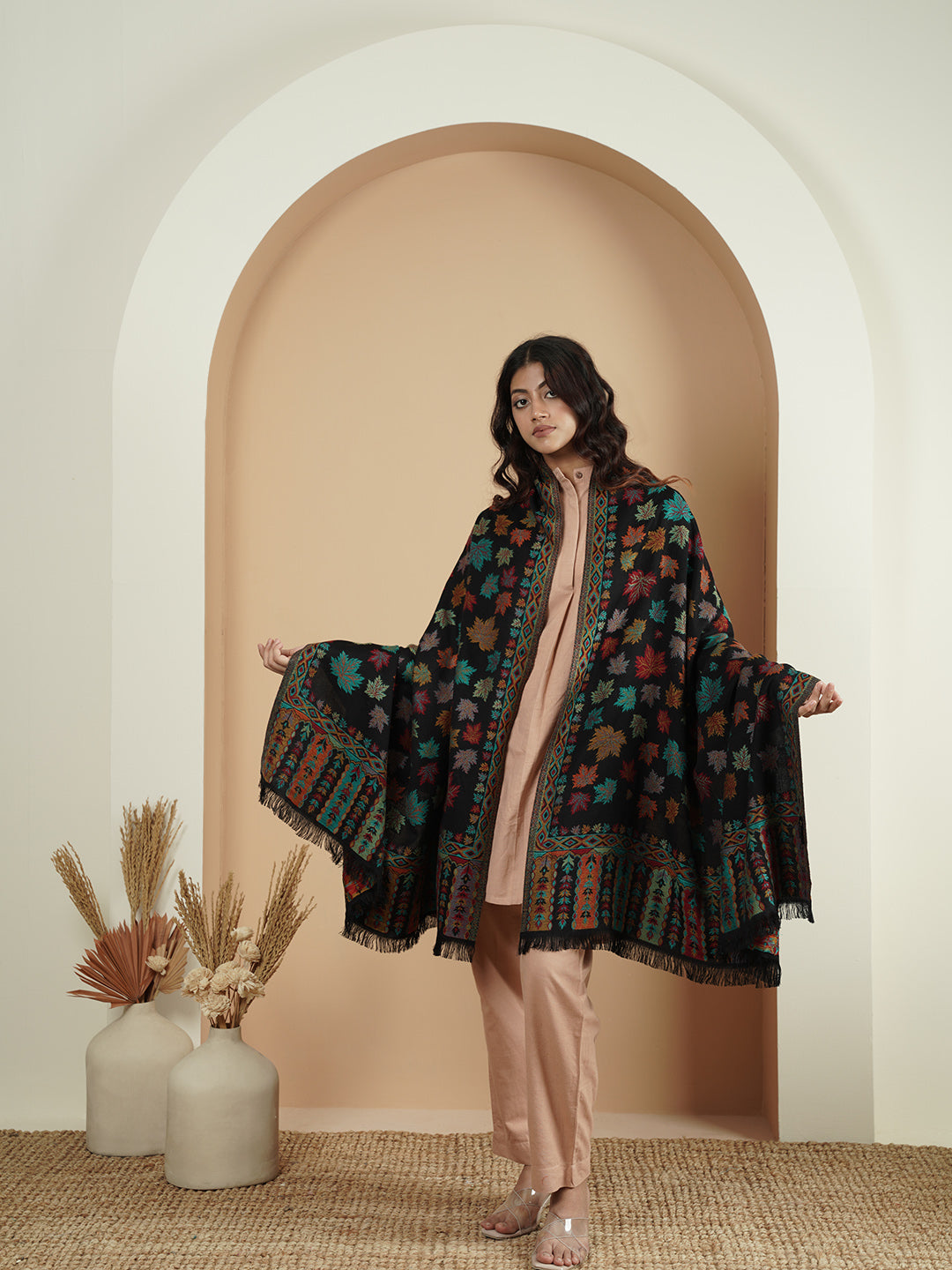 Woollen Kani Shawl with Multicolor Chinar Leaf Embroidery and Fringed Border | Black