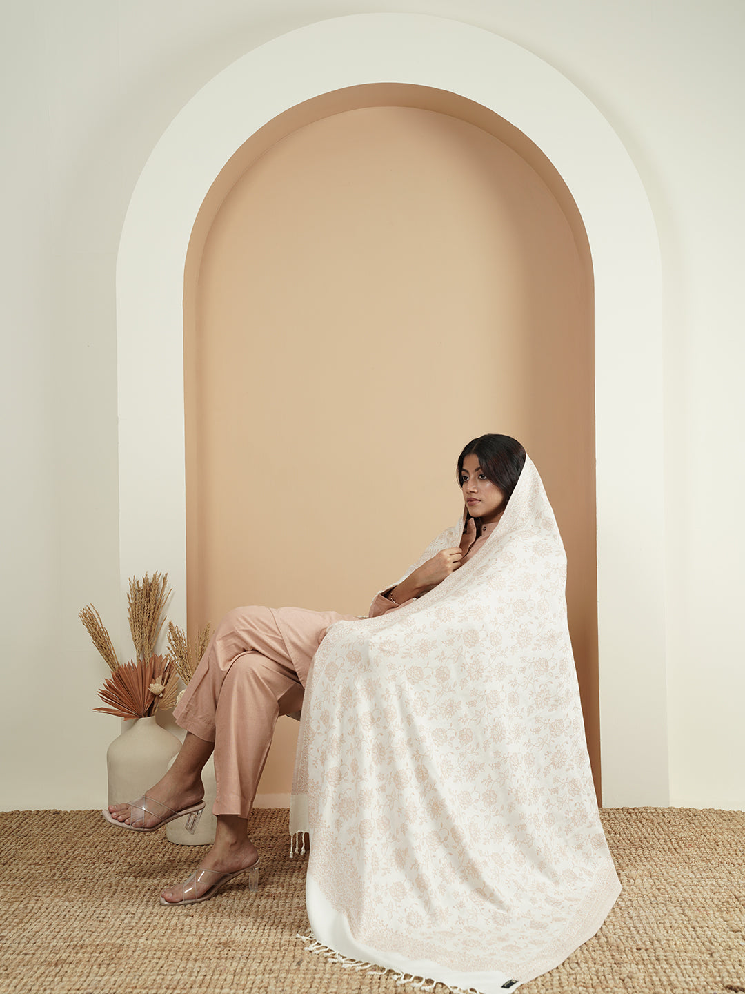 Premium Kani Reversible Woollen Shawl for Women with Floral Patterns and Tasselled Border | White