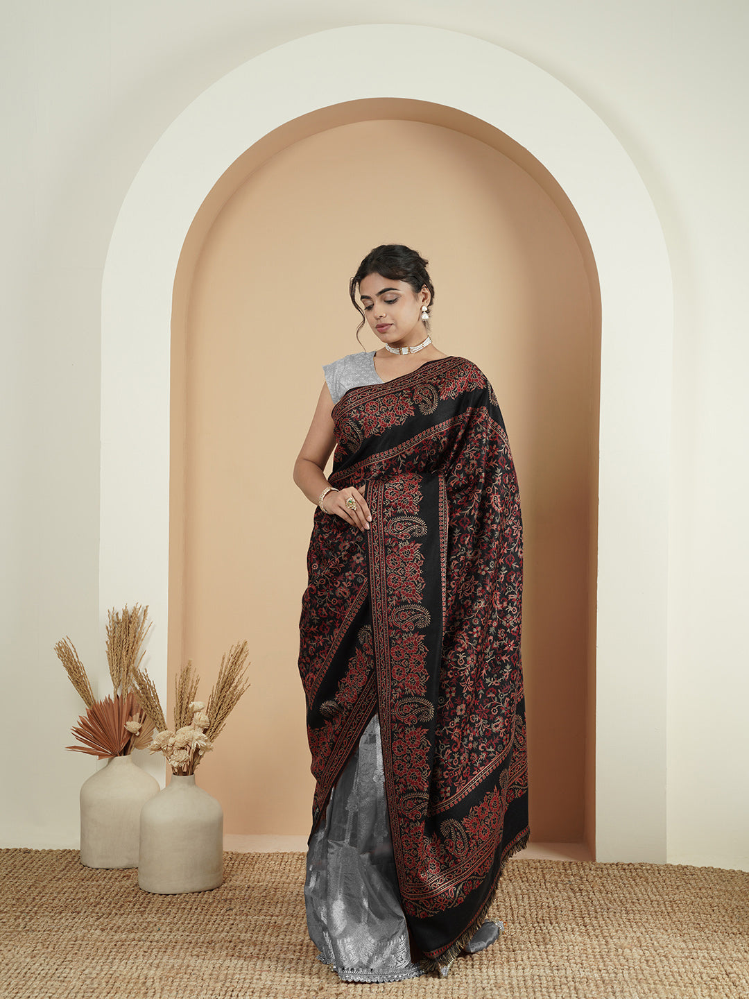 Woollen Kani Shawl with Traditional Kashmiri Floral & Paisley Woven Design | Black