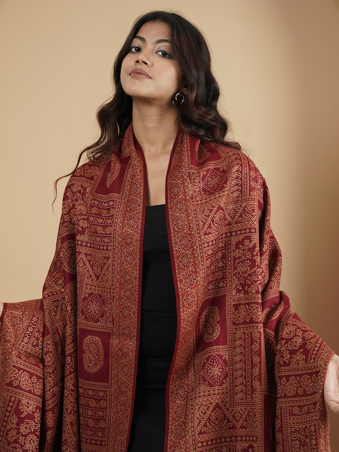 Woollen Kani Shawl with Intricate Kashmiri Paisley & Floral Woven Design | Maroon