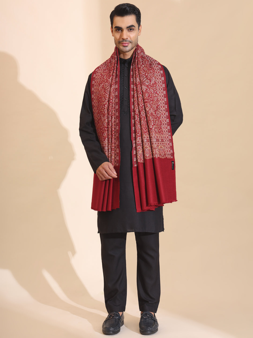 Woven Ethnic Patterned Warm Shawl for Men | Maroon