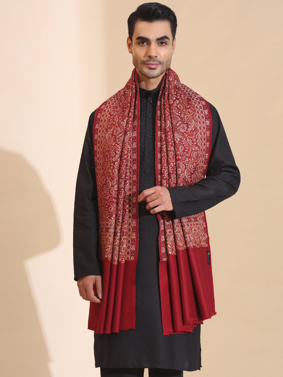 Woven Ethnic Patterned Warm Shawl for Men | Maroon