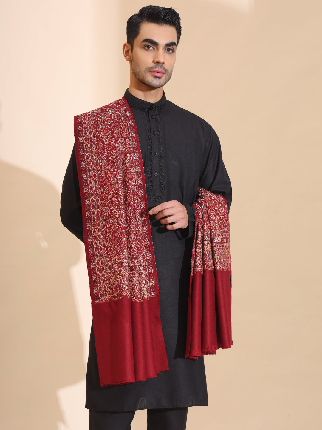 Woven Ethnic Patterned Warm Shawl for Men | Maroon