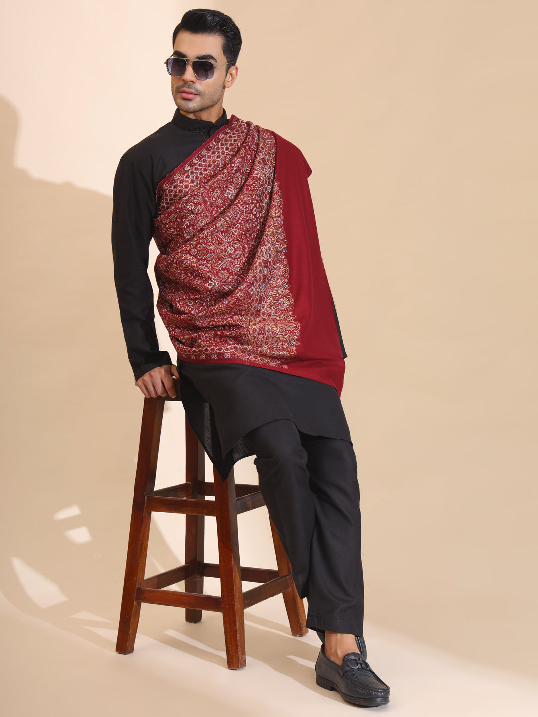 Woven Ethnic Patterned Warm Shawl for Men | Maroon