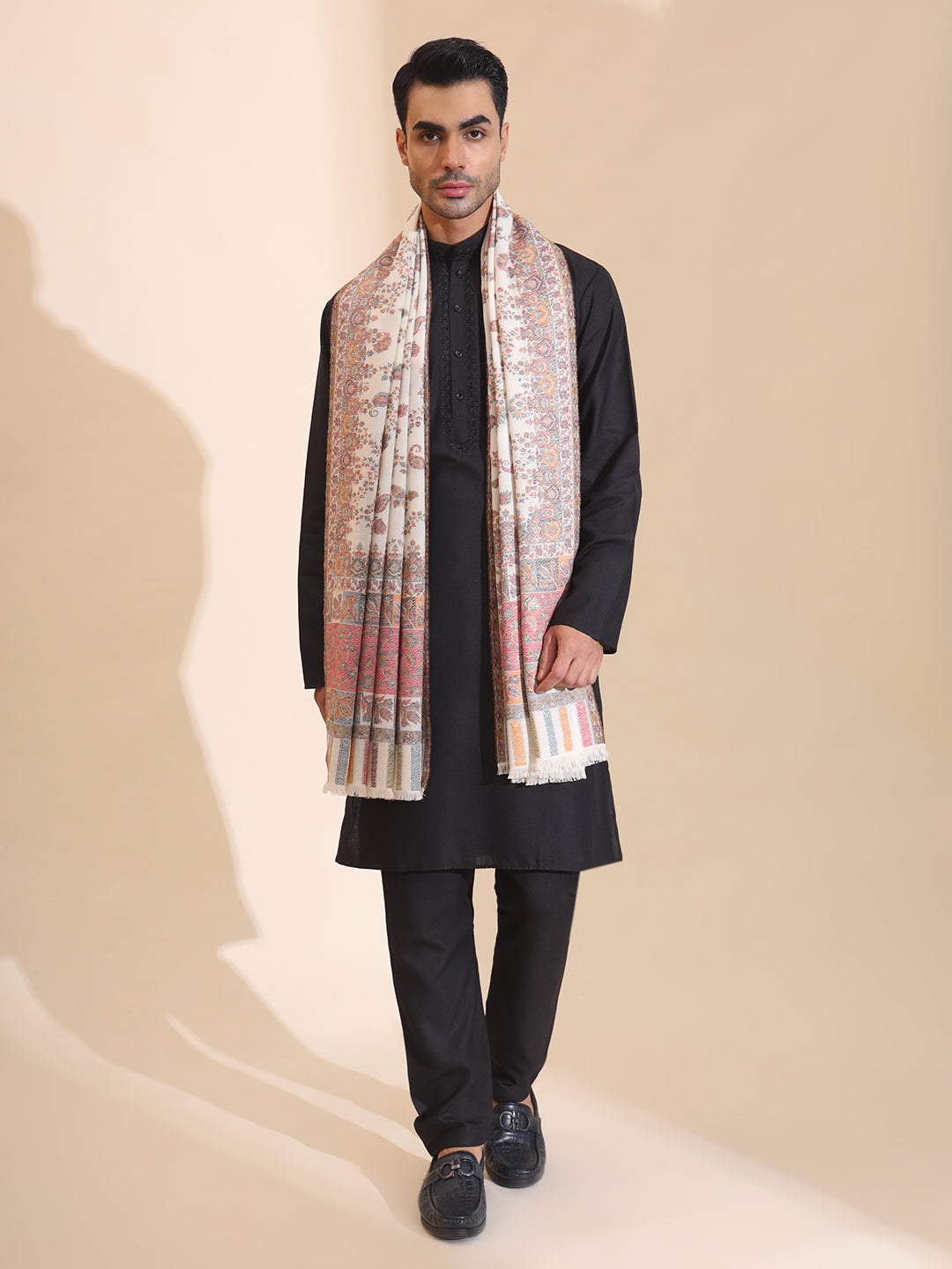 Kani Weave Woven Jaal Pattern Pure Wool Shawl for Men | White