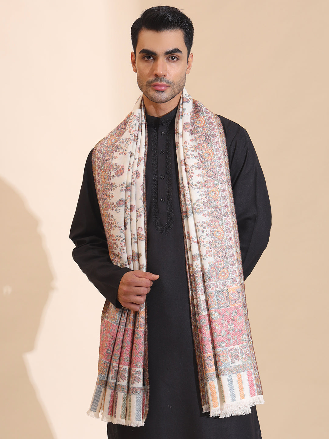 Kani Weave Woven Jaal Pattern Pure Wool Shawl for Men | White