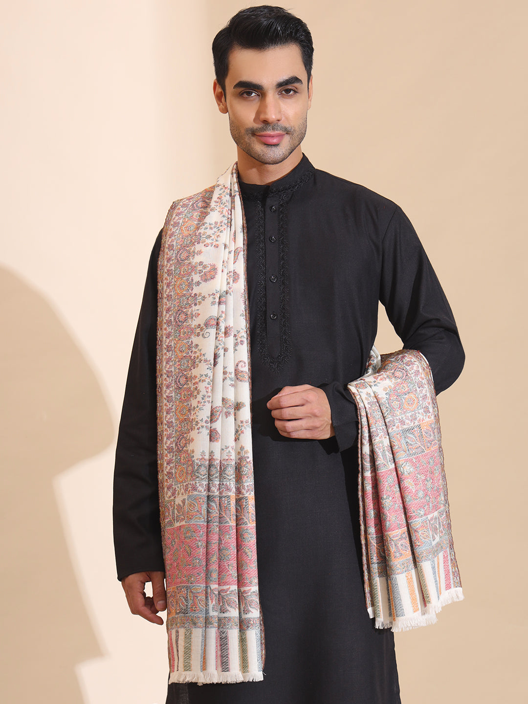 Kani Weave Woven Jaal Pattern Pure Wool Shawl for Men | White