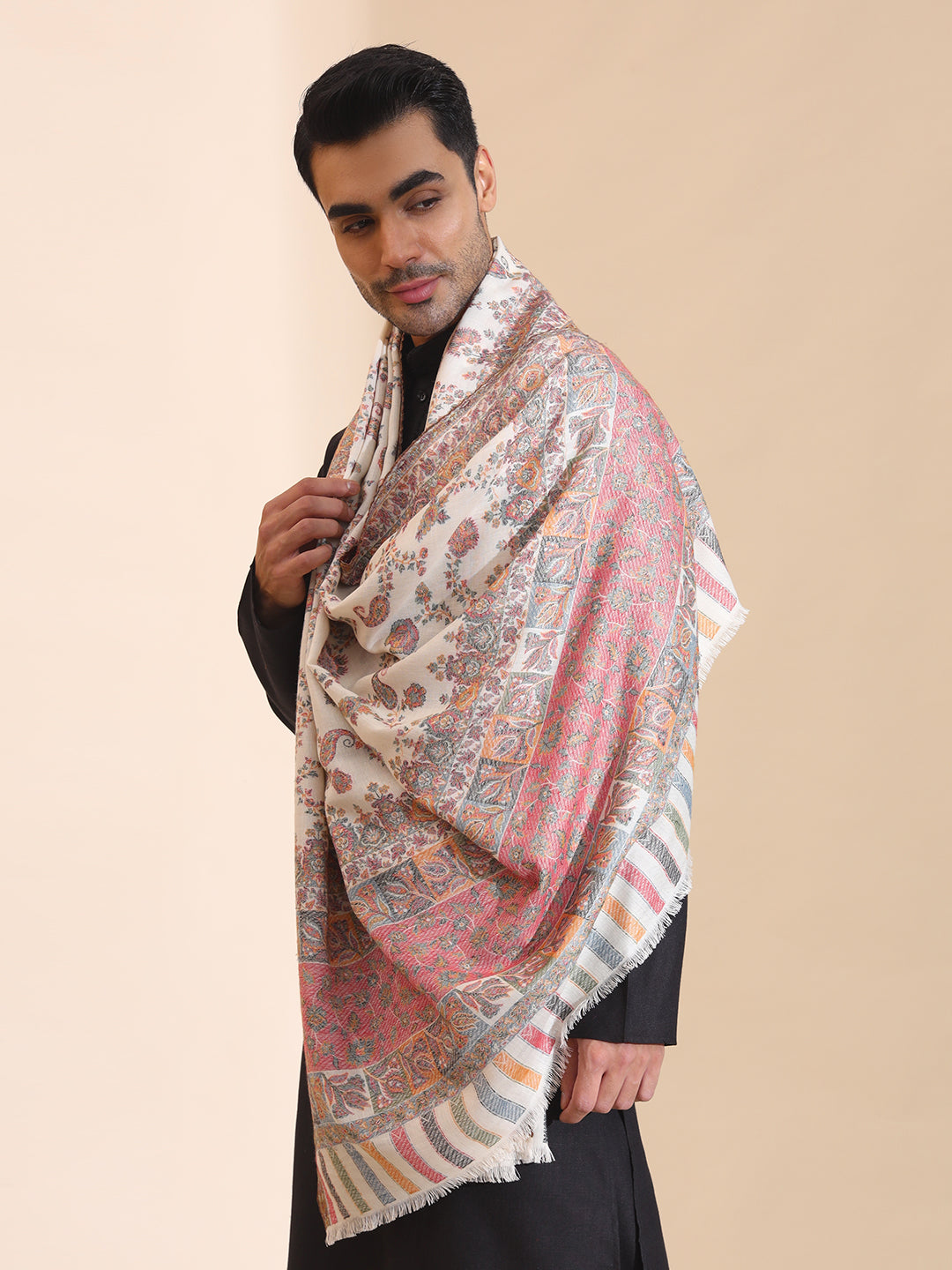 Kani Weave Woven Jaal Pattern Pure Wool Shawl for Men | White