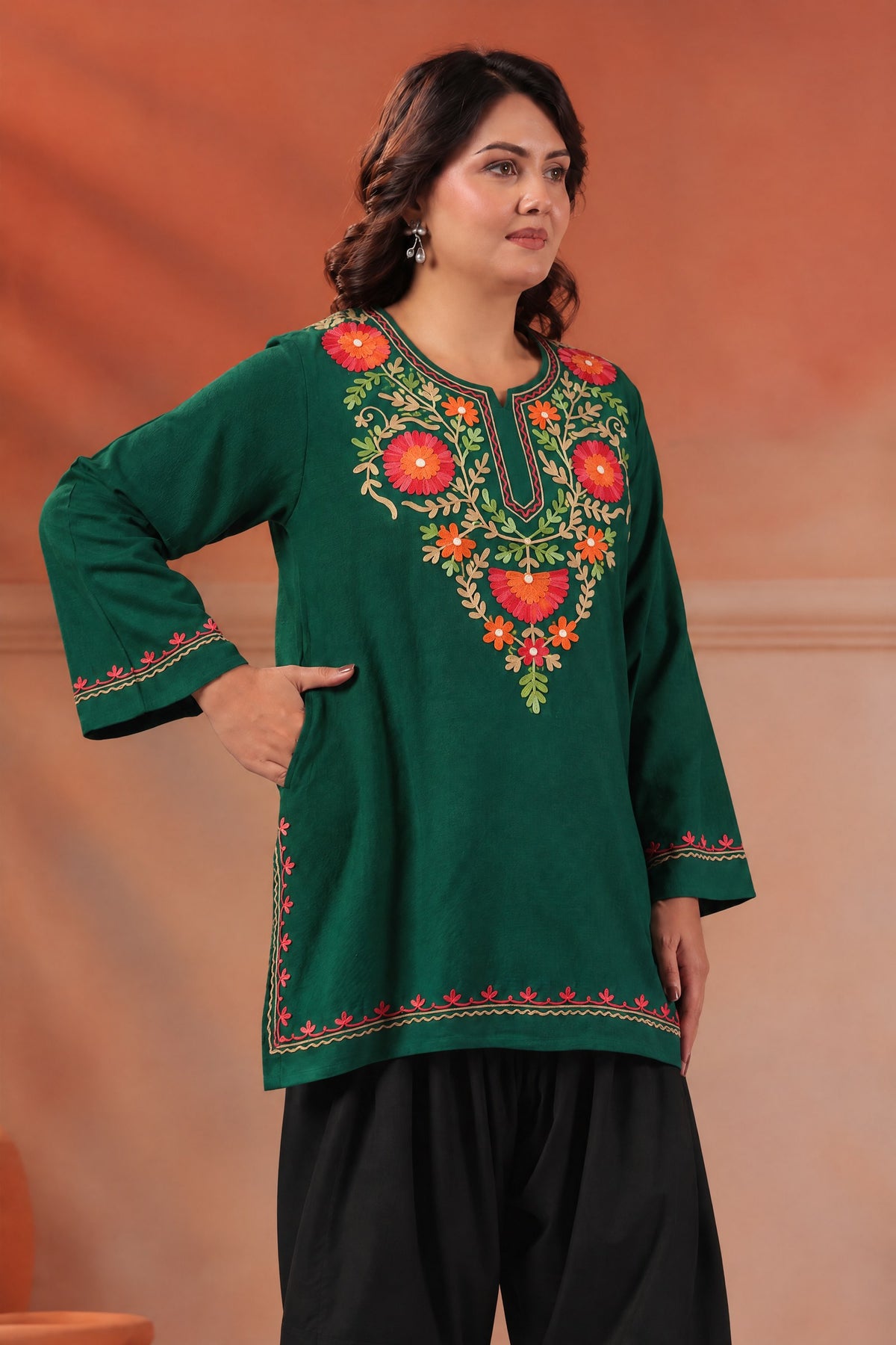 Women's Aari Floral Multicolour Embroidered Woollen Kurta | Bottle Green