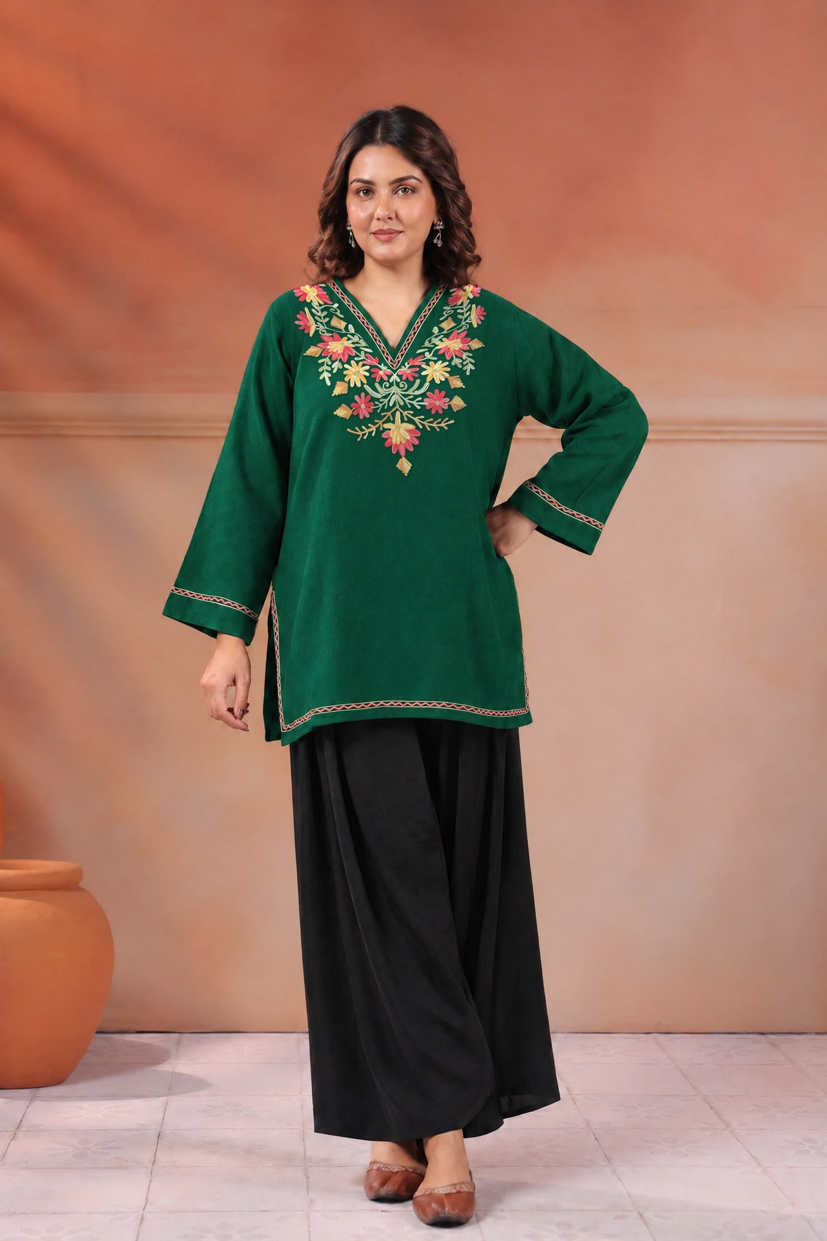 Women's Aari Floral Embroidered Woollen V-Neck Kurta | Bottle Green