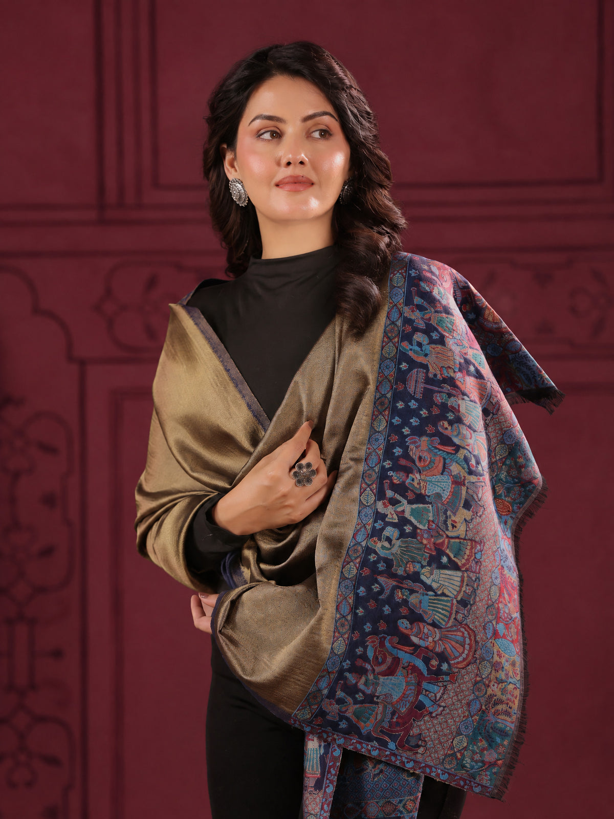 Zari Kani Darbar Woven Stole for Women | Navy Blue