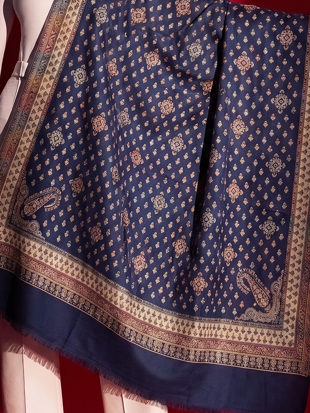 All-Over Woven Shawl with Kani Border for Women | Navy Blue