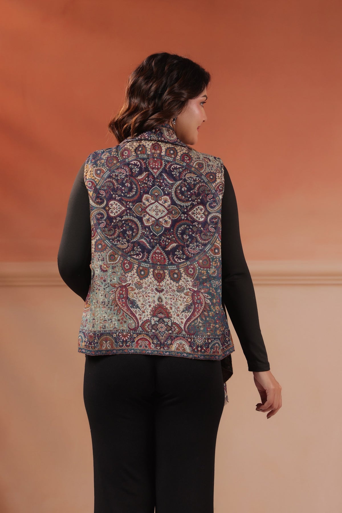 Women's Sleeveless Jamawar Pattern Shrug Cardigan | Blue Multicolour