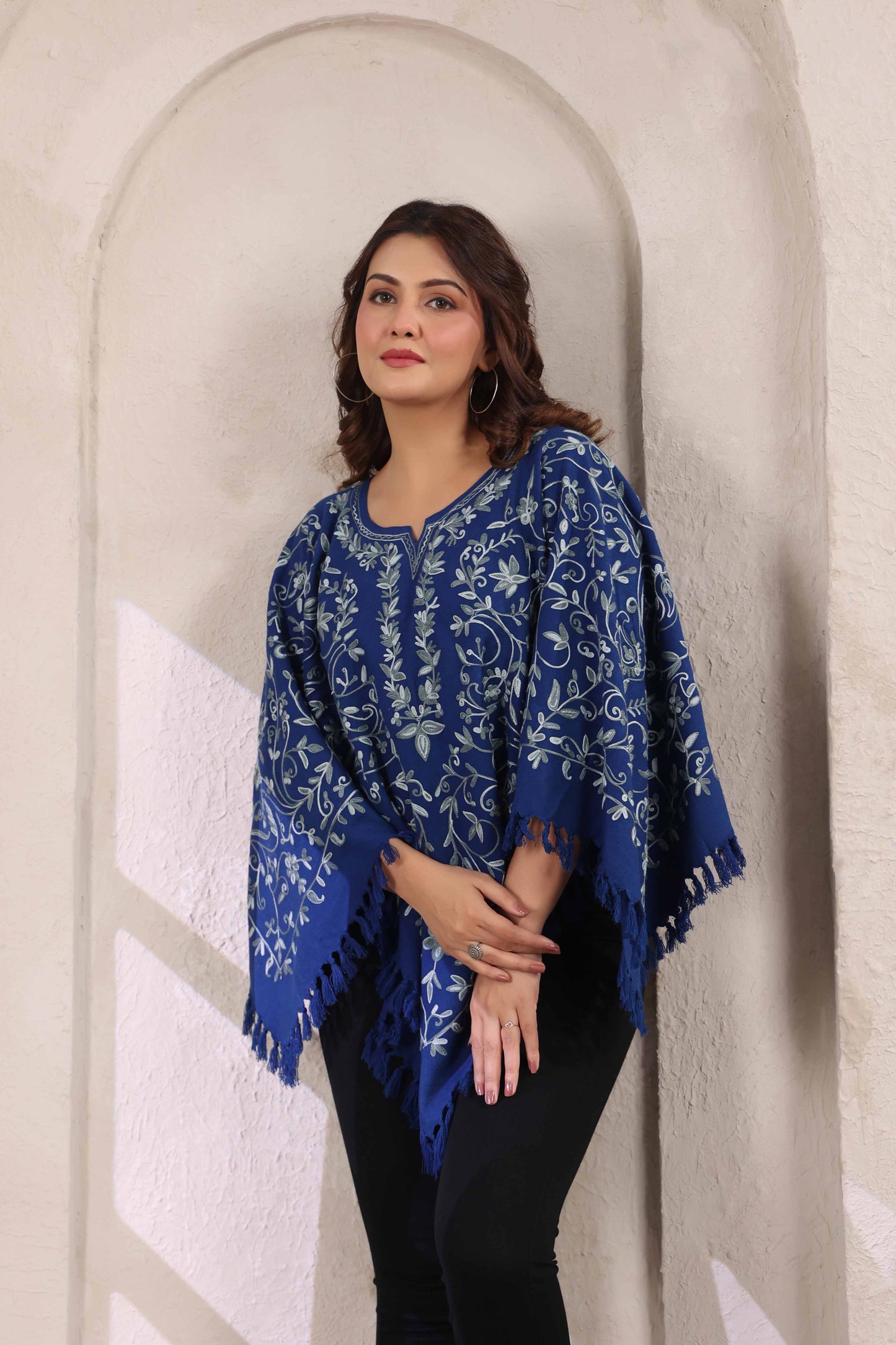 Woollen Poncho Top with Kashmiri Hand Embroidered Jaal and Inner Lining | Blue