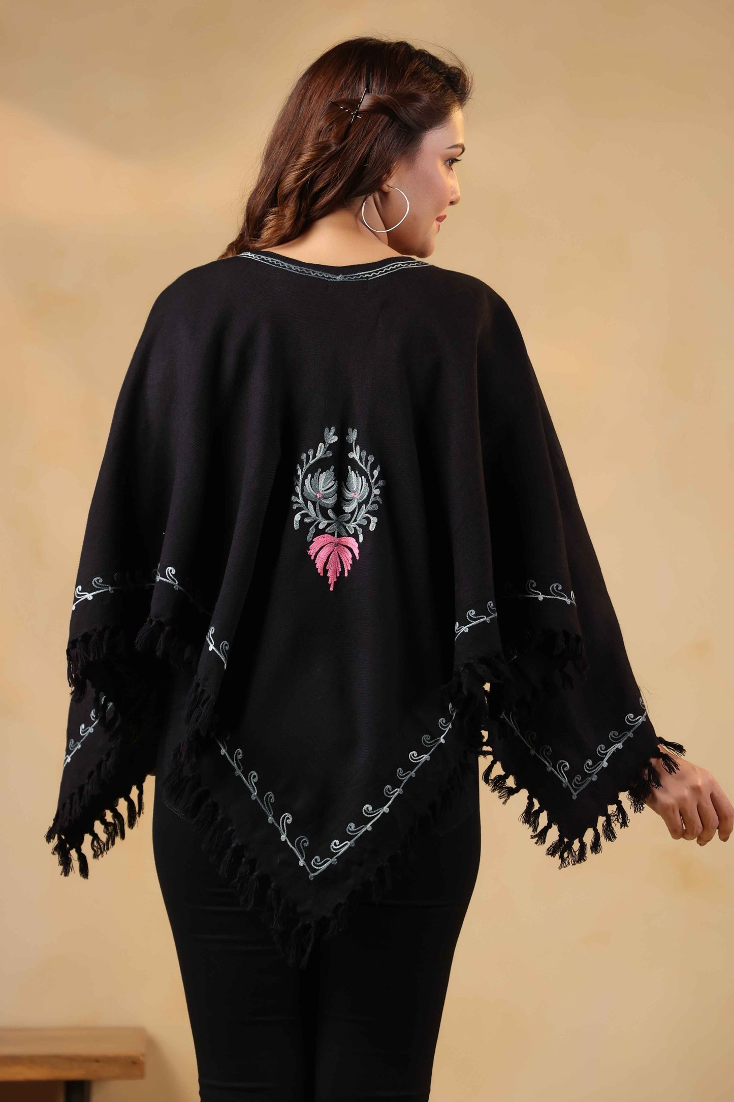 Woollen Poncho Top with Kashmiri Chinar Neck Hand Embroidery and Inner Lining | Black