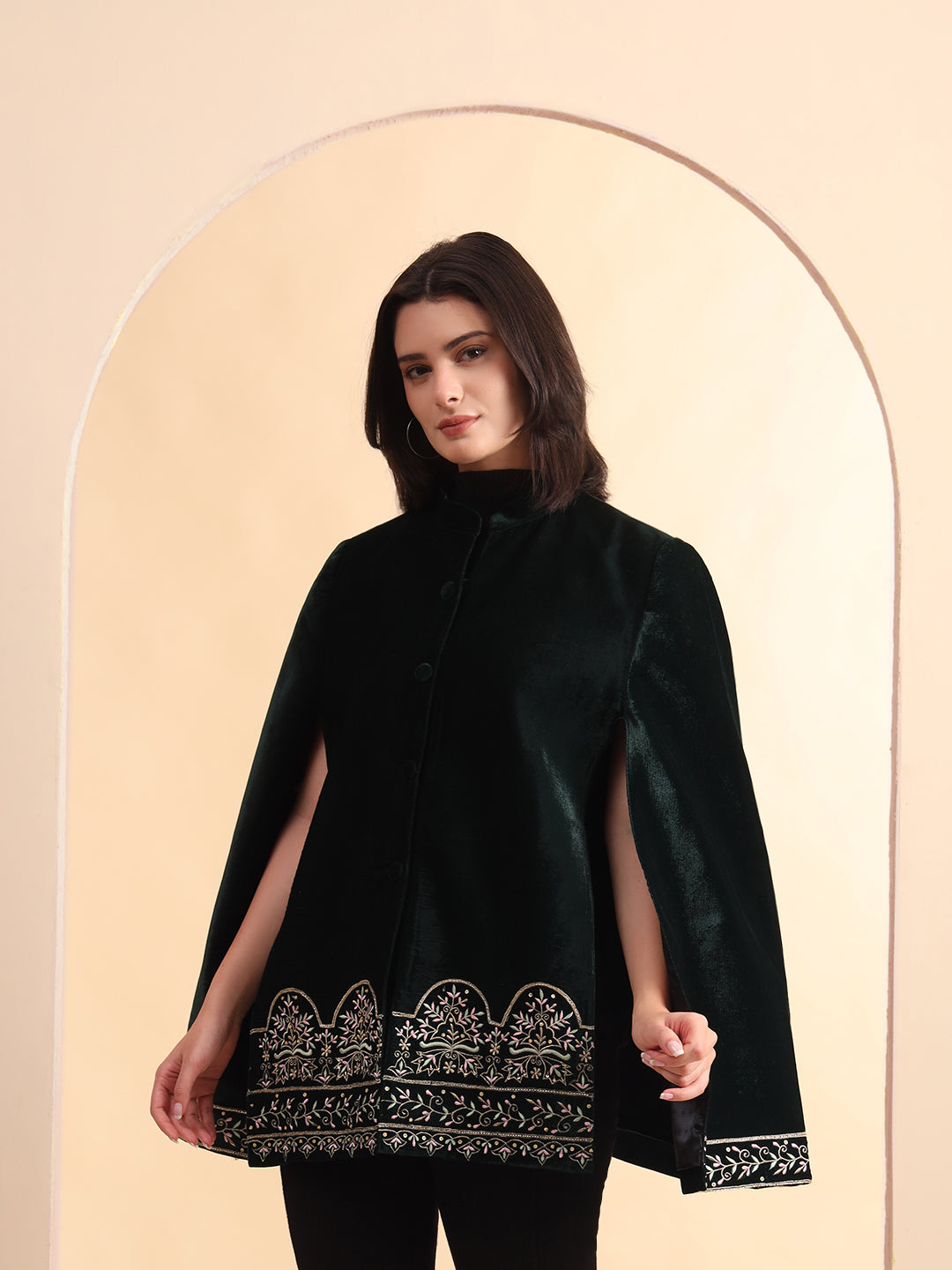 Velvet Hand Embellished Cape Jacket | Green