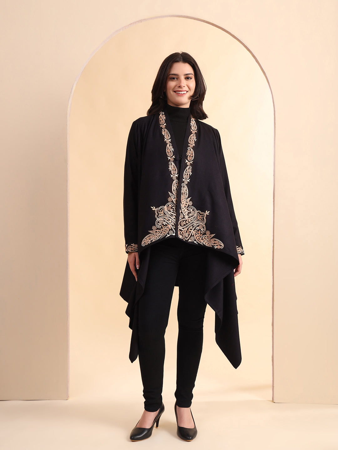 Zari Embroidery Woollen Full Sleeves Cape Shrug | Black