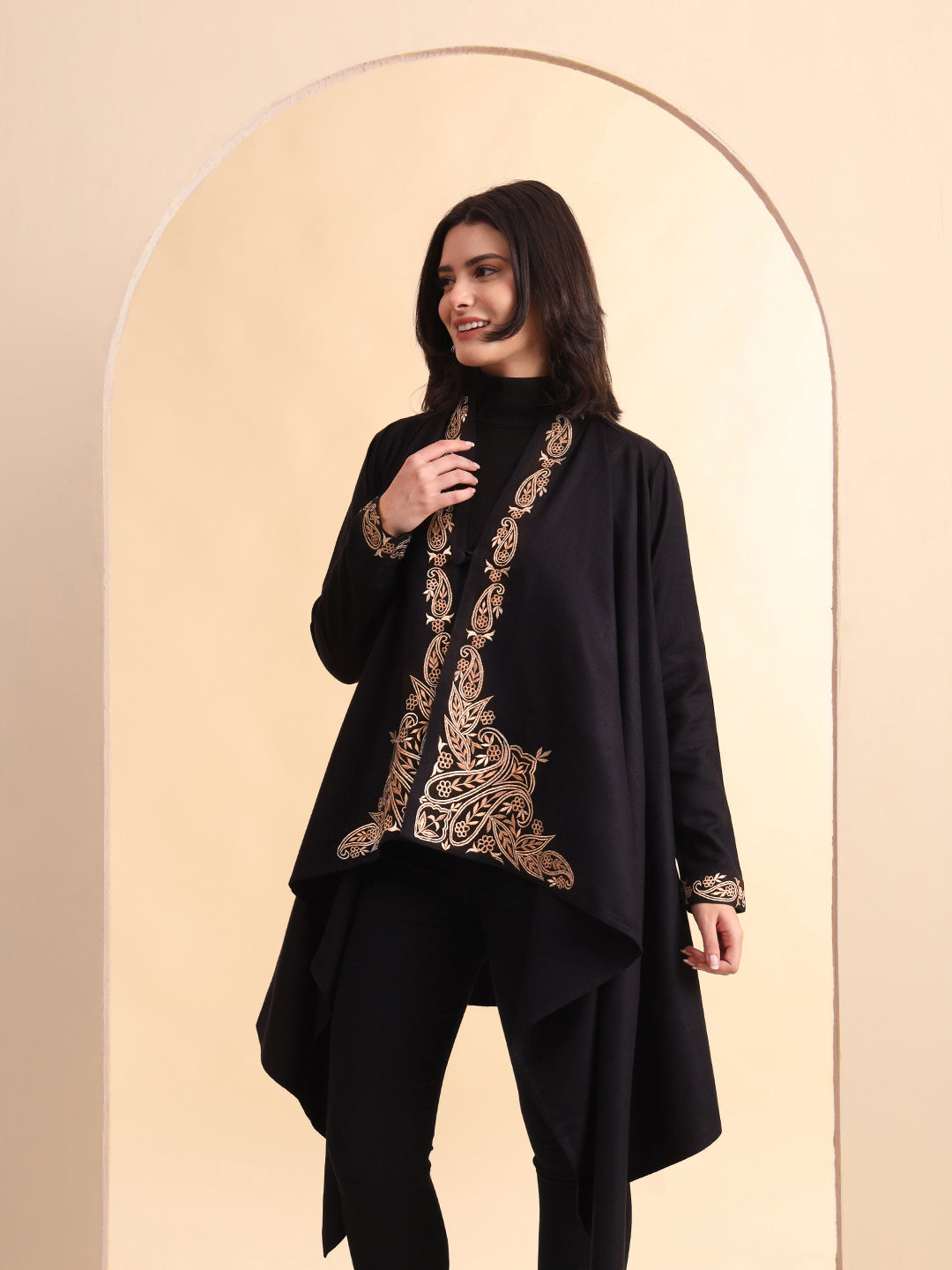 Zari Embroidery Woollen Full Sleeves Cape Shrug | Black