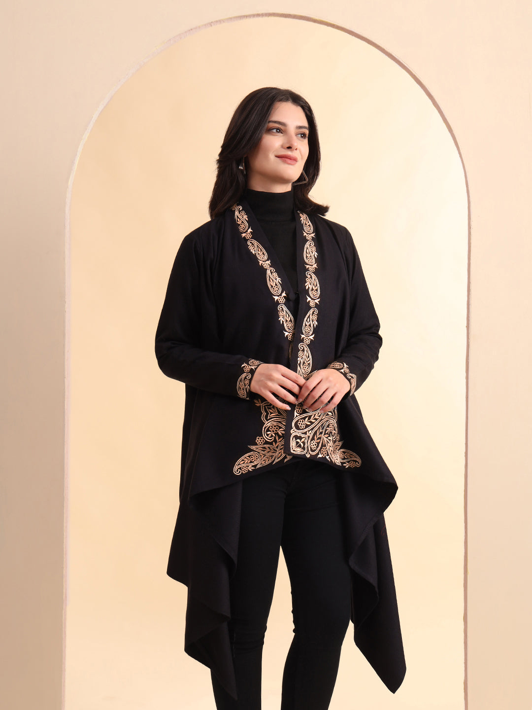 Zari Embroidery Woollen Full Sleeves Cape Shrug | Black