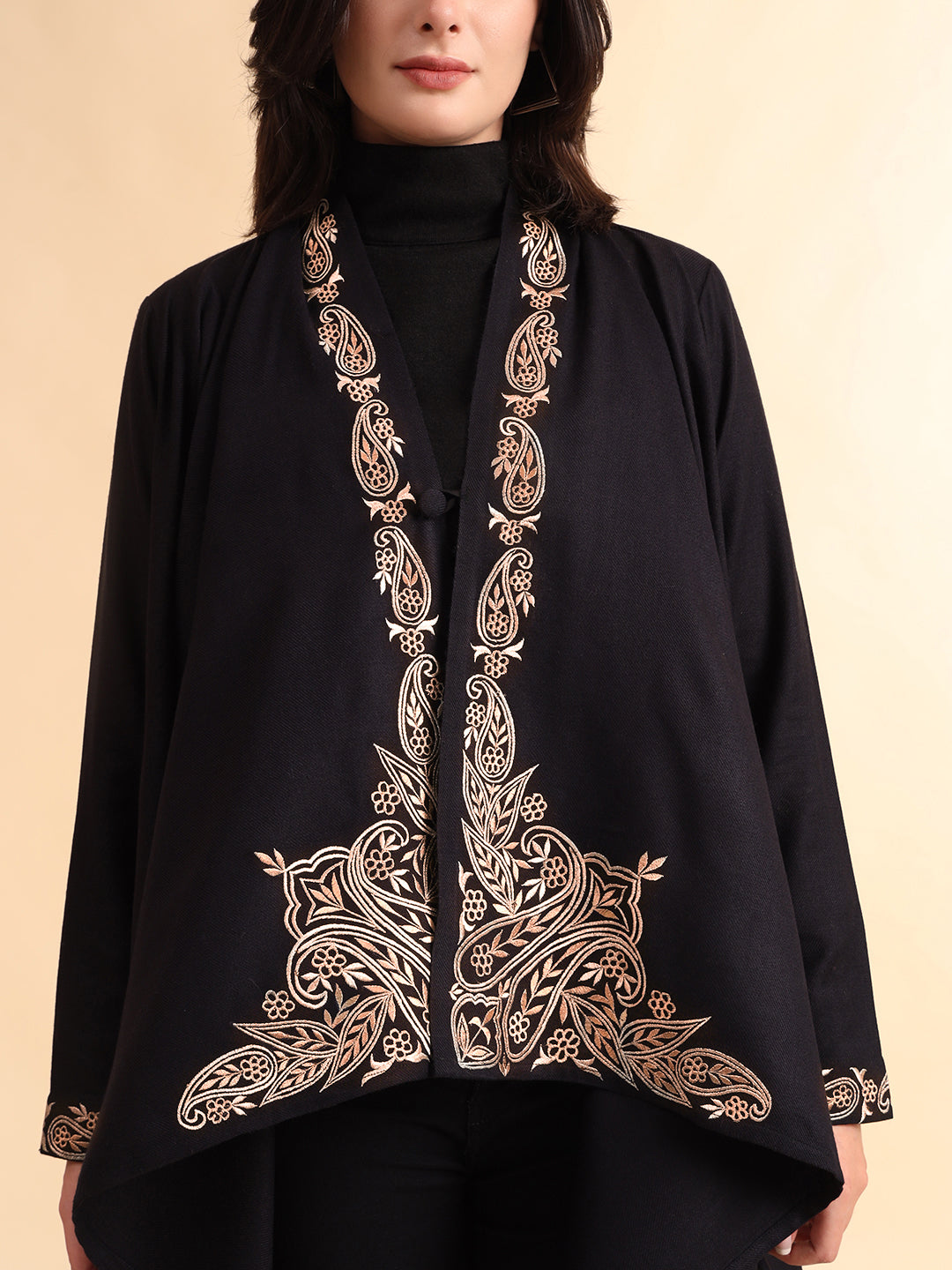 Zari Embroidery Woollen Full Sleeves Cape Shrug | Black