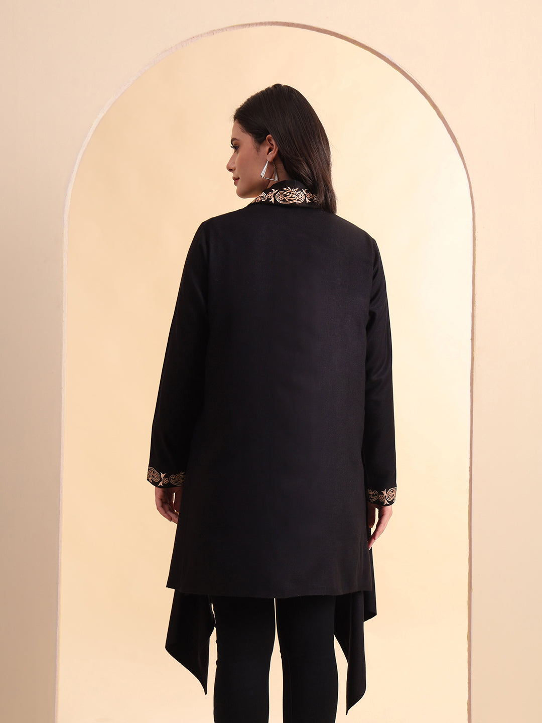 Zari Embroidery Woollen Full Sleeves Cape Shrug | Black