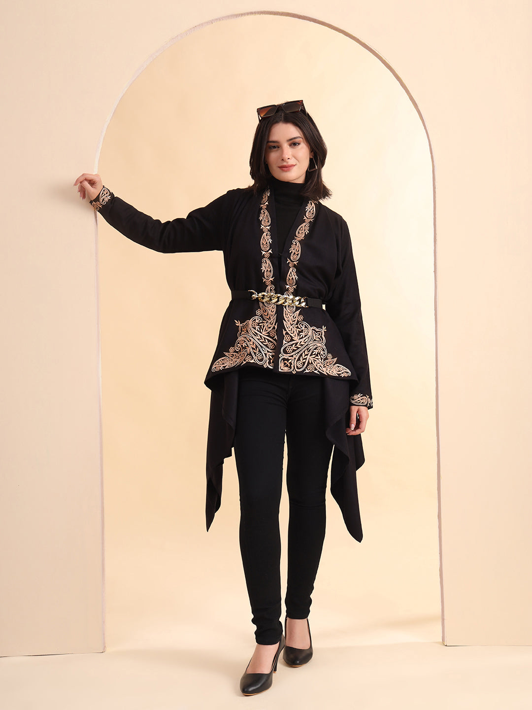 Zari Embroidery Woollen Full Sleeves Cape Shrug | Black