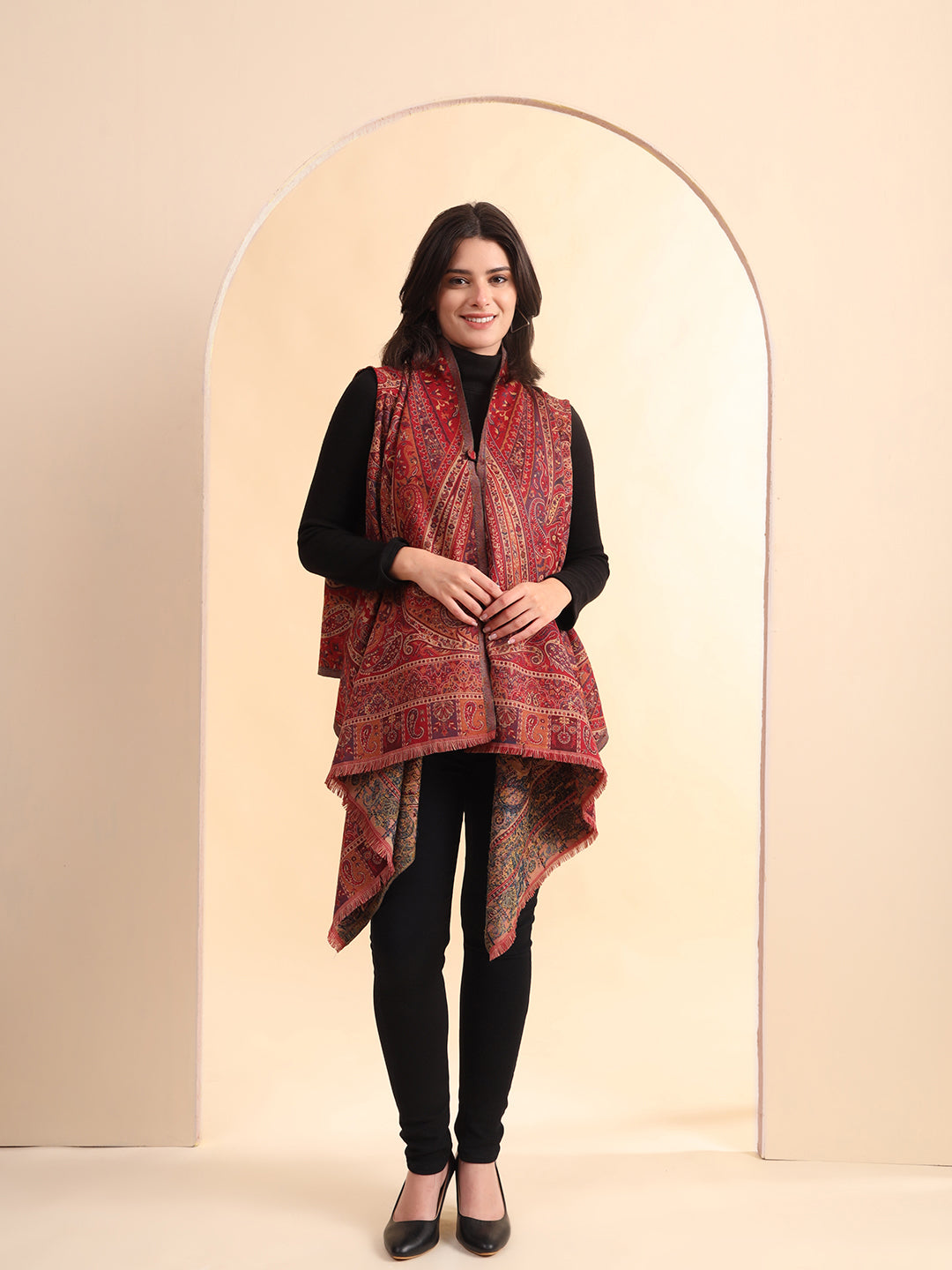 Women's Woven Royal Jamawar Cape Shrug | Maroon