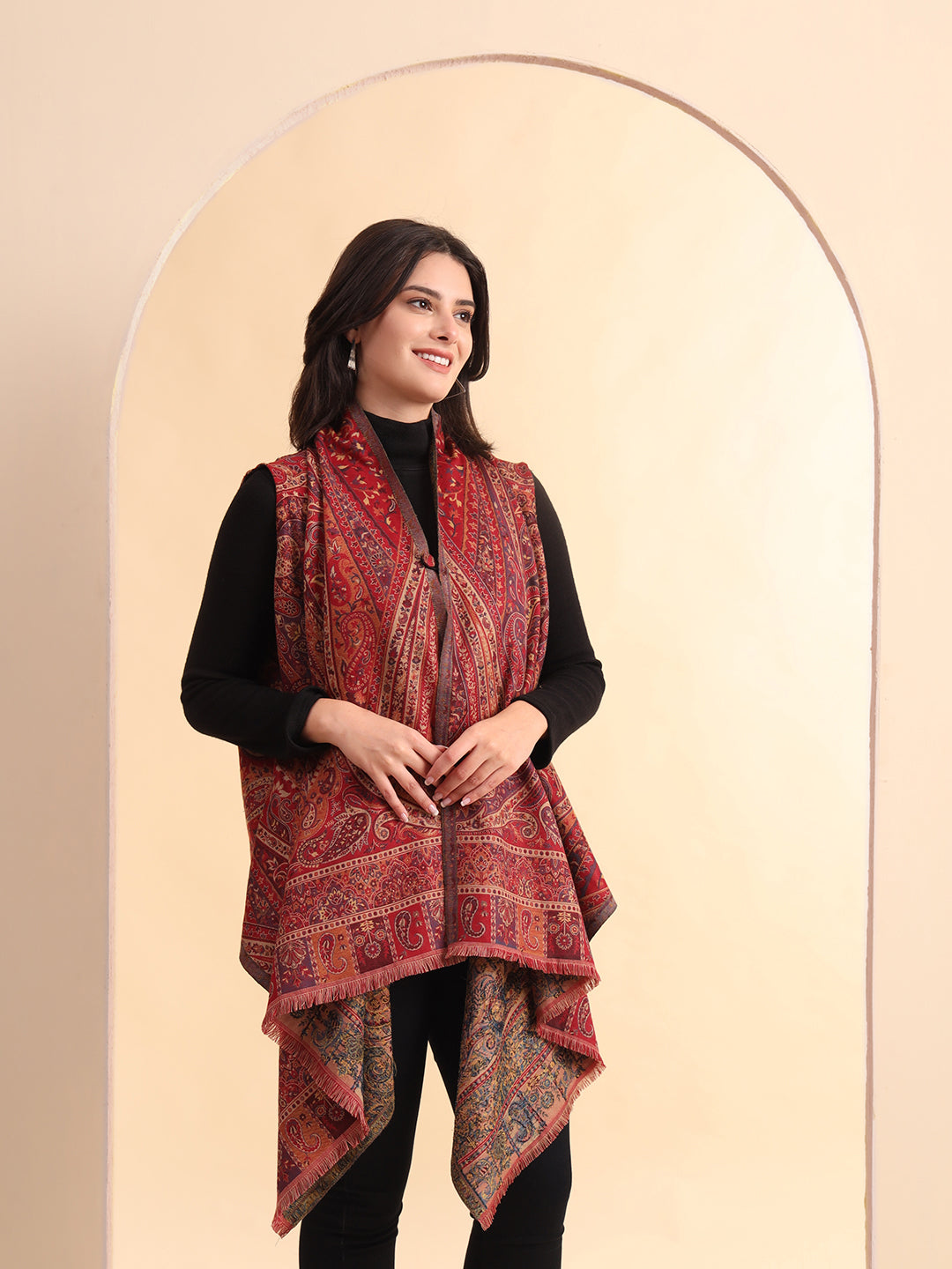 Women's Woven Royal Jamawar Cape Shrug | Maroon