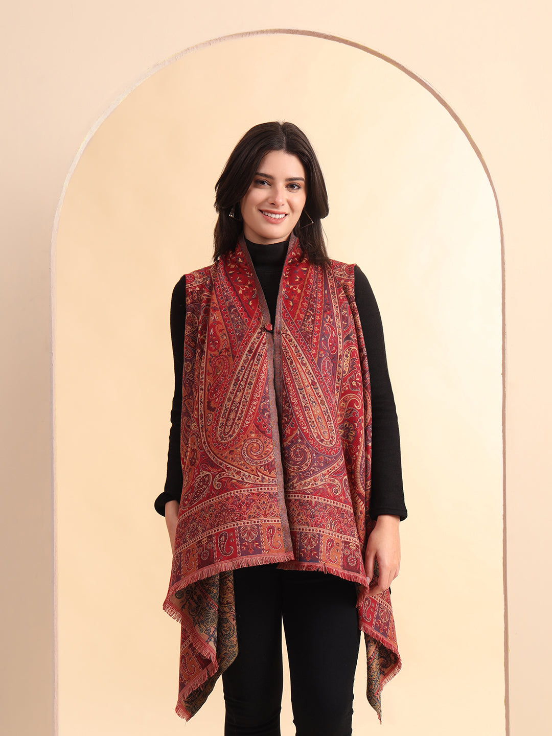 Women's Woven Royal Jamawar Cape Shrug | Maroon