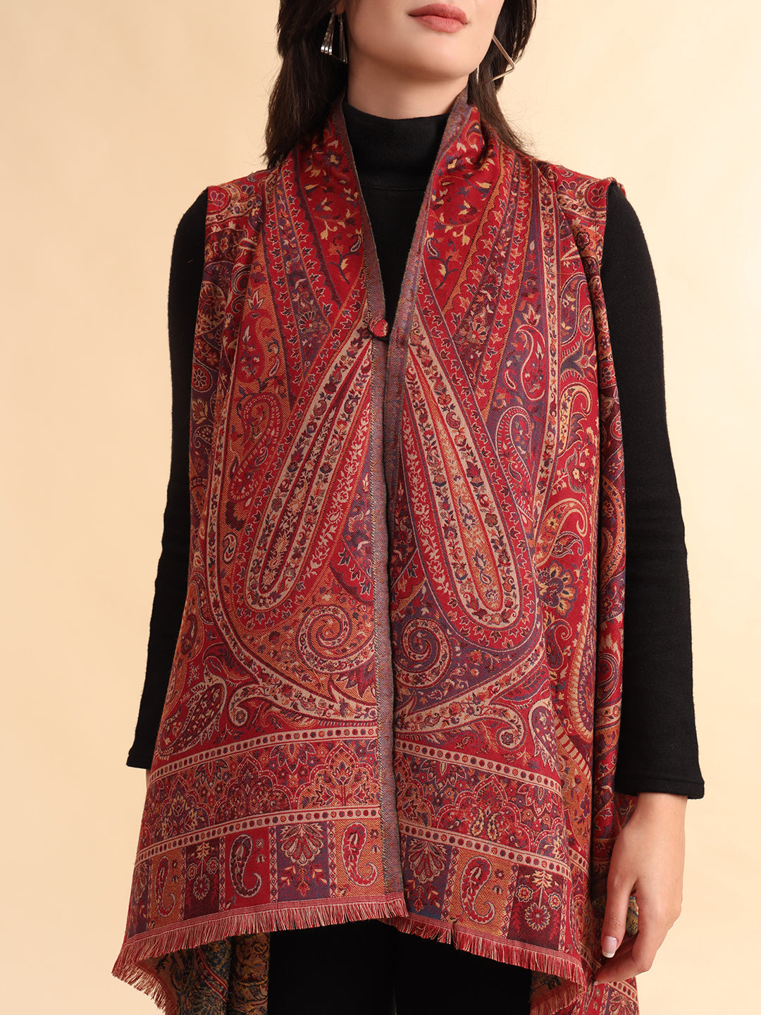 Women's Woven Royal Jamawar Cape Shrug | Maroon