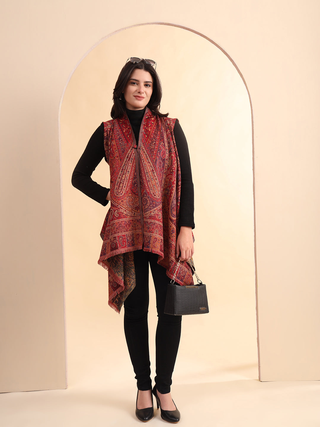 Women's Woven Royal Jamawar Cape Shrug | Maroon