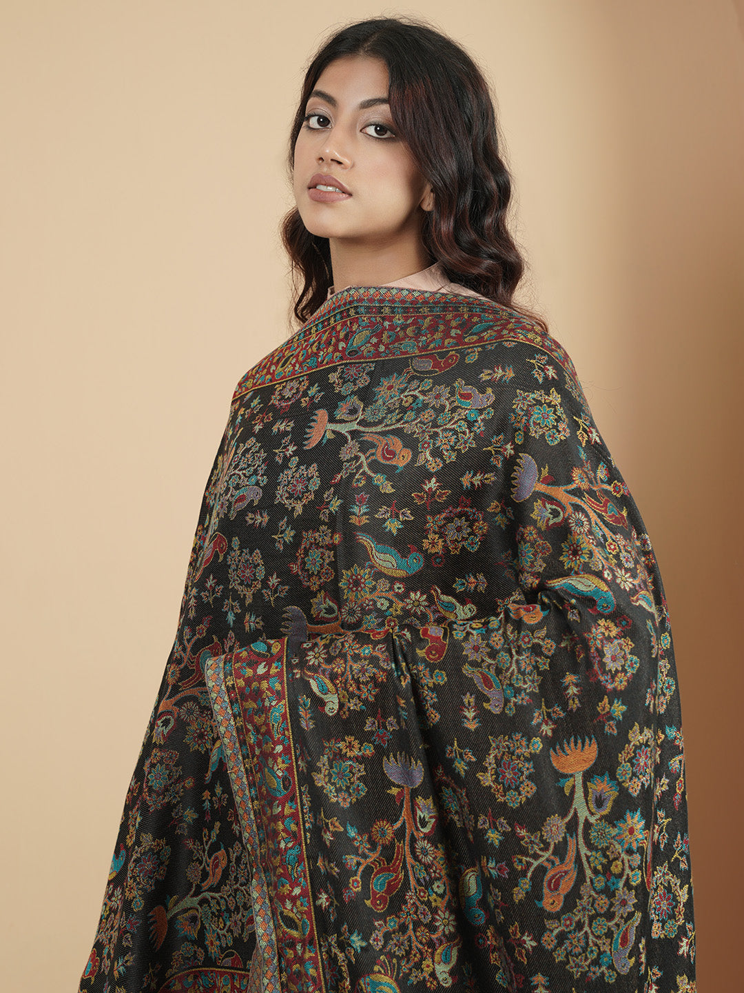 Kani Floral Weave Soft Woolen Stole for Women | Black