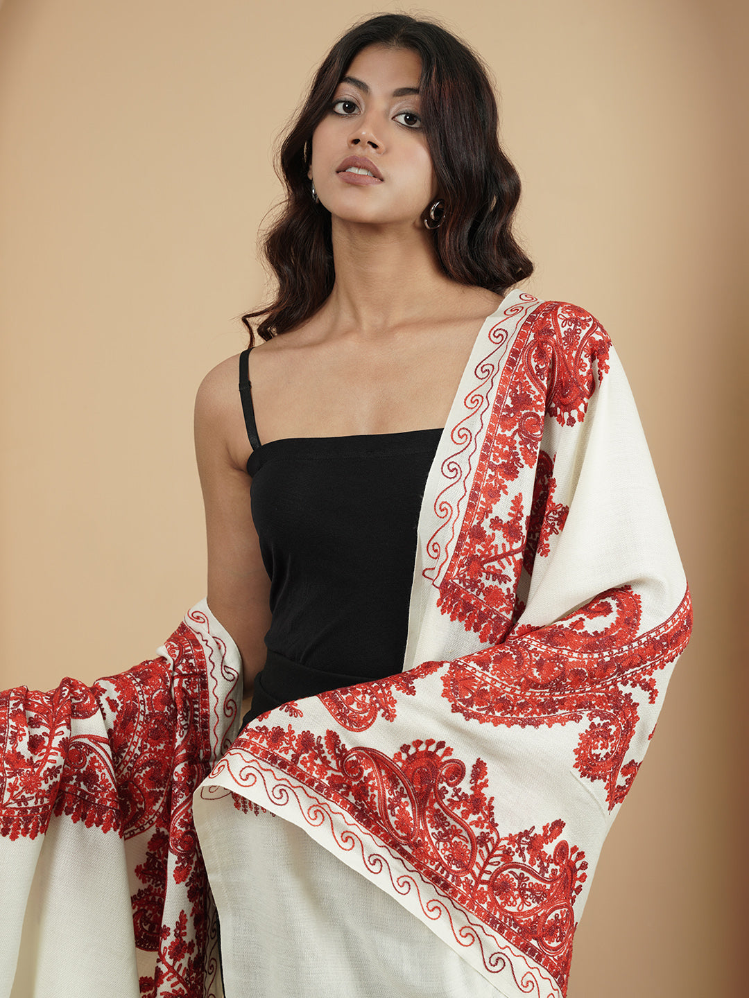 Floral Kashmiri Embroidery Warm Stole with Fringed Border | White