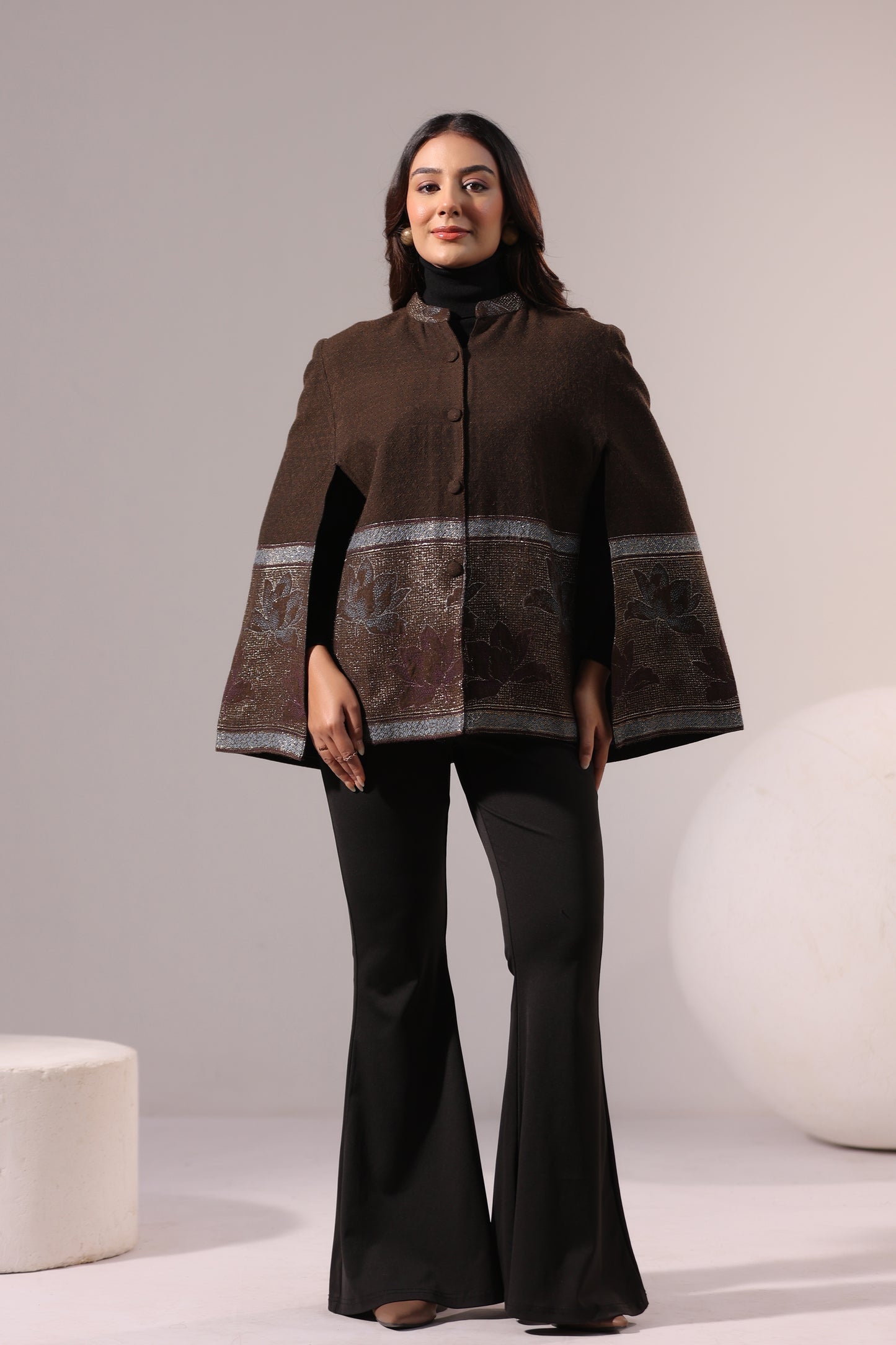 Women's Woven Cape Jacket with Zari Lotus Border | Brown