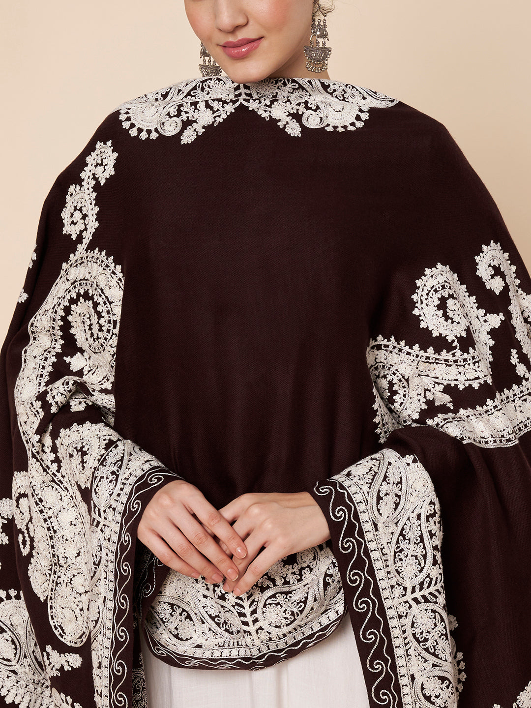 Floral Kashmiri Embroidery Warm Stole with Fringed Border | Coffee Brown