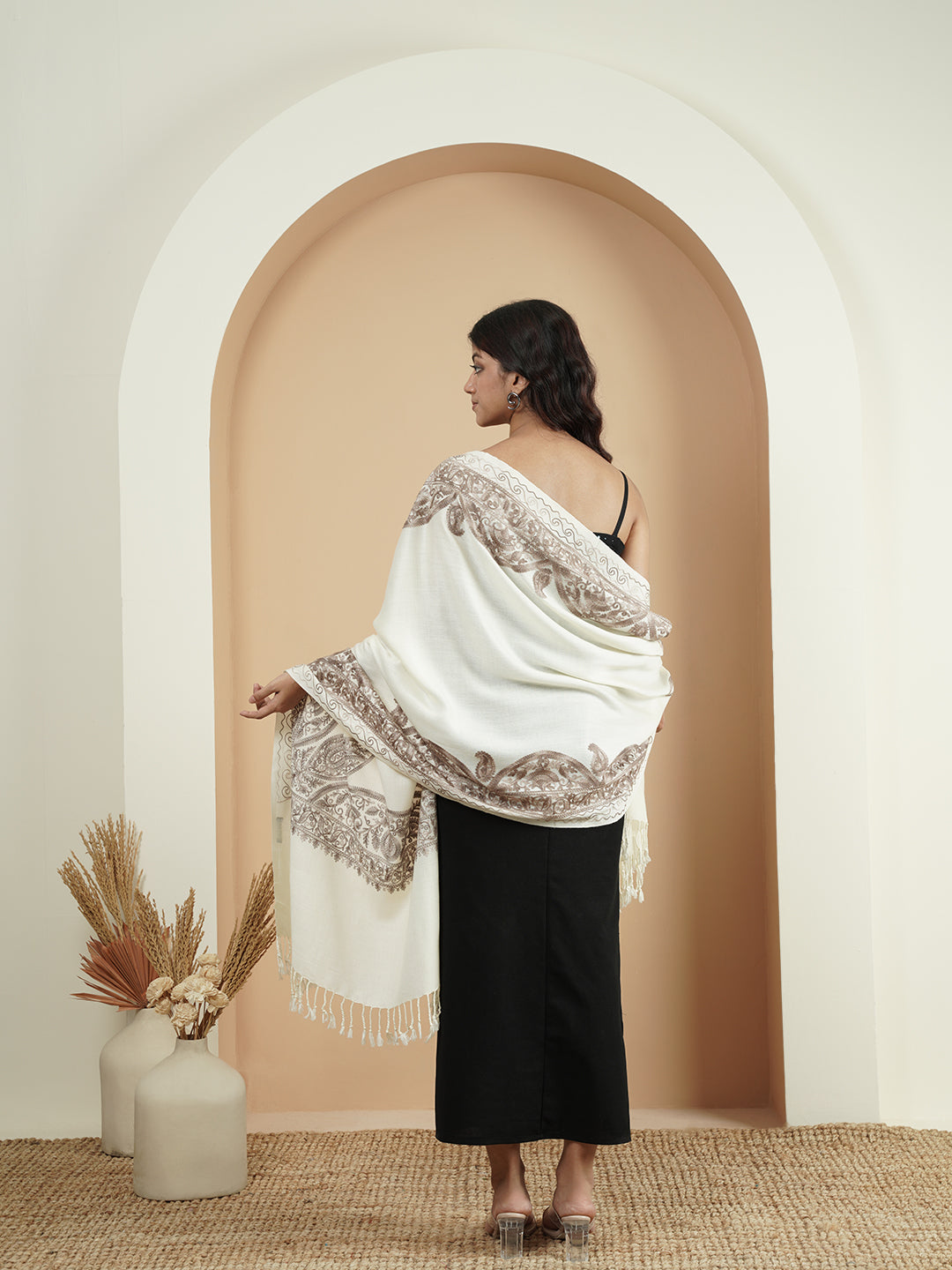 Floral Kashmiri Aari Embroidery Warm Stole with Fringed Border | White
