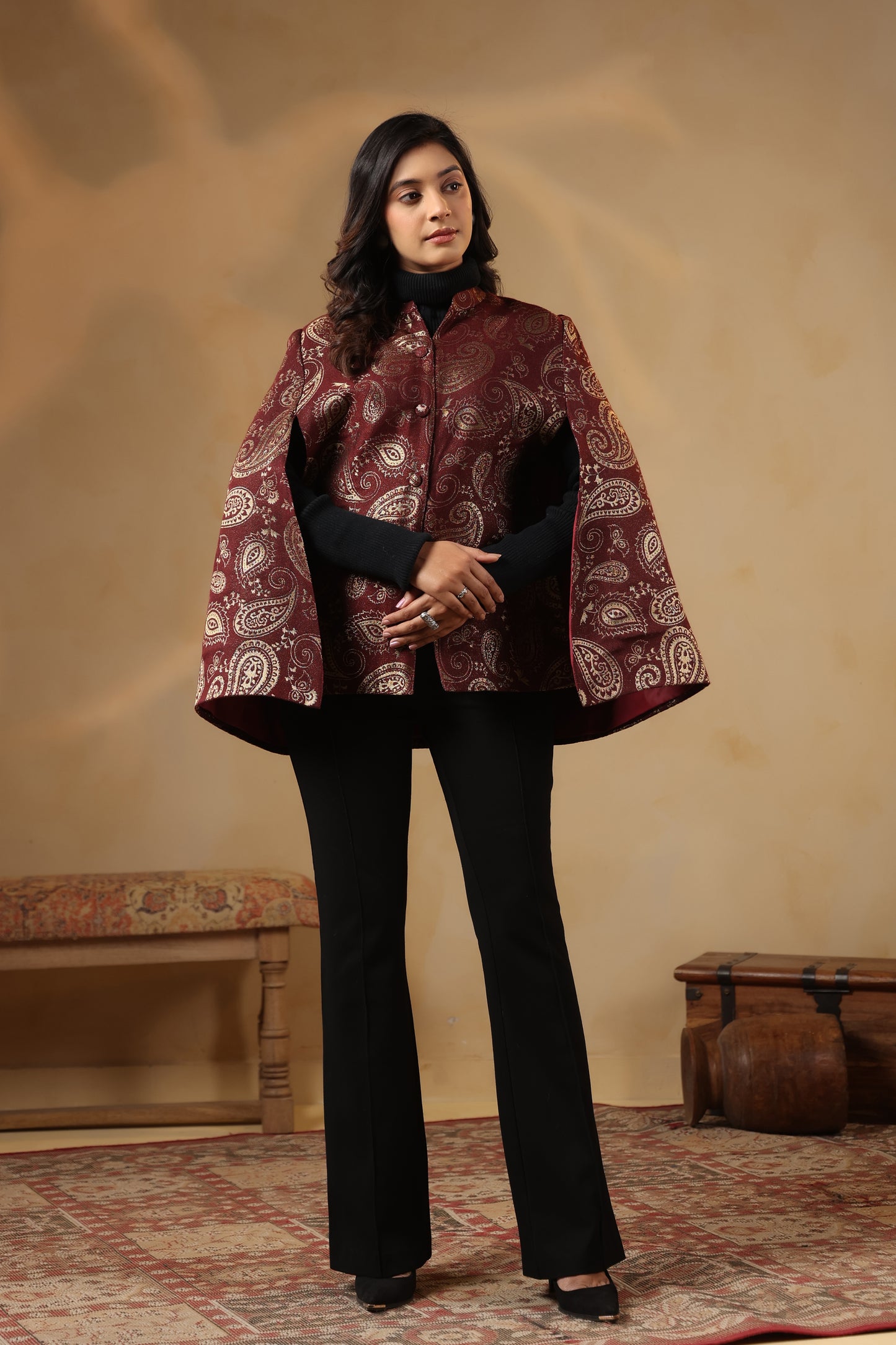 Women's Designer Zari Weave Paisley Cape Jacket | Wine