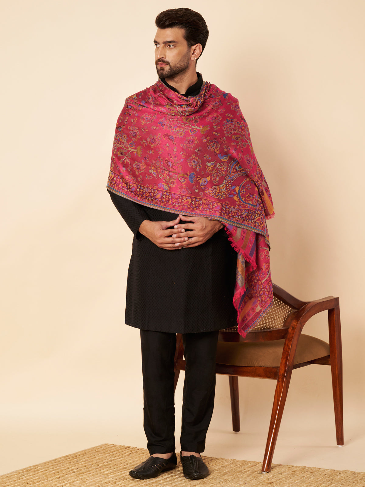 Kani Weave Lightweight Woolen Stole for Men | Magenta - view 5