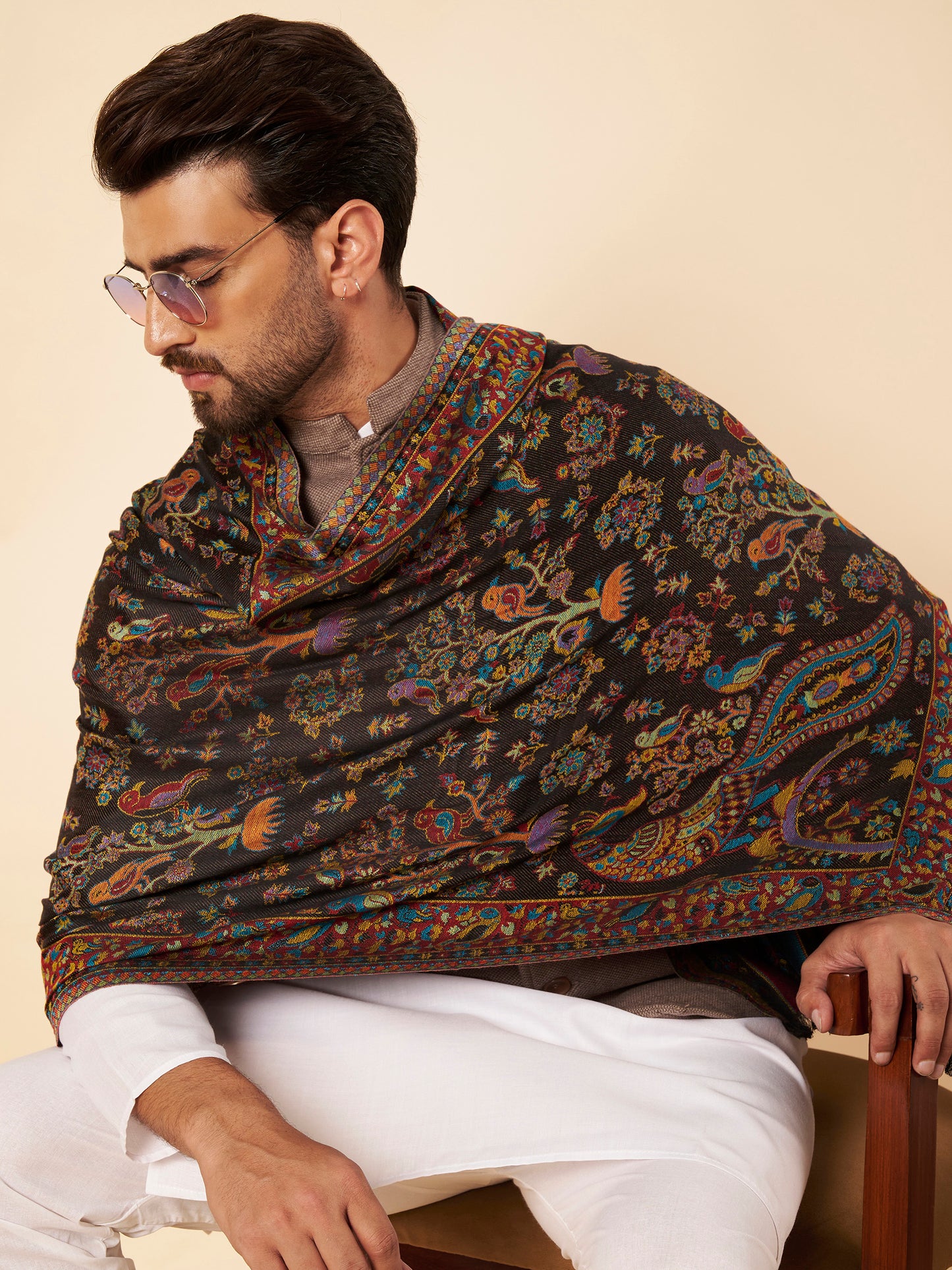 Kani Floral Weave Soft Woolen Stole for Men | Black